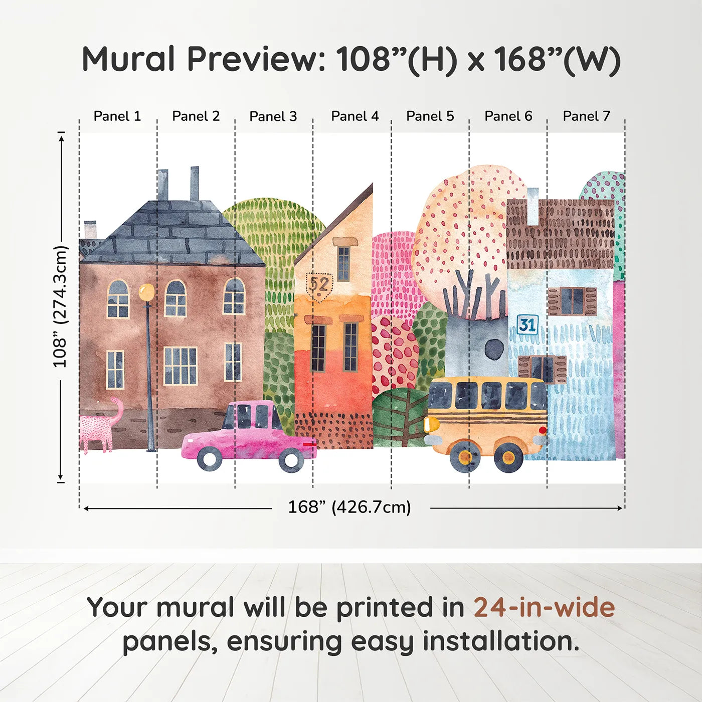 Whimsy Tots Watercolor Town Street Wall Muraldimension view (108" H x 168" W). Printed in seven 24-inch-wide panels. Gender-Neutral