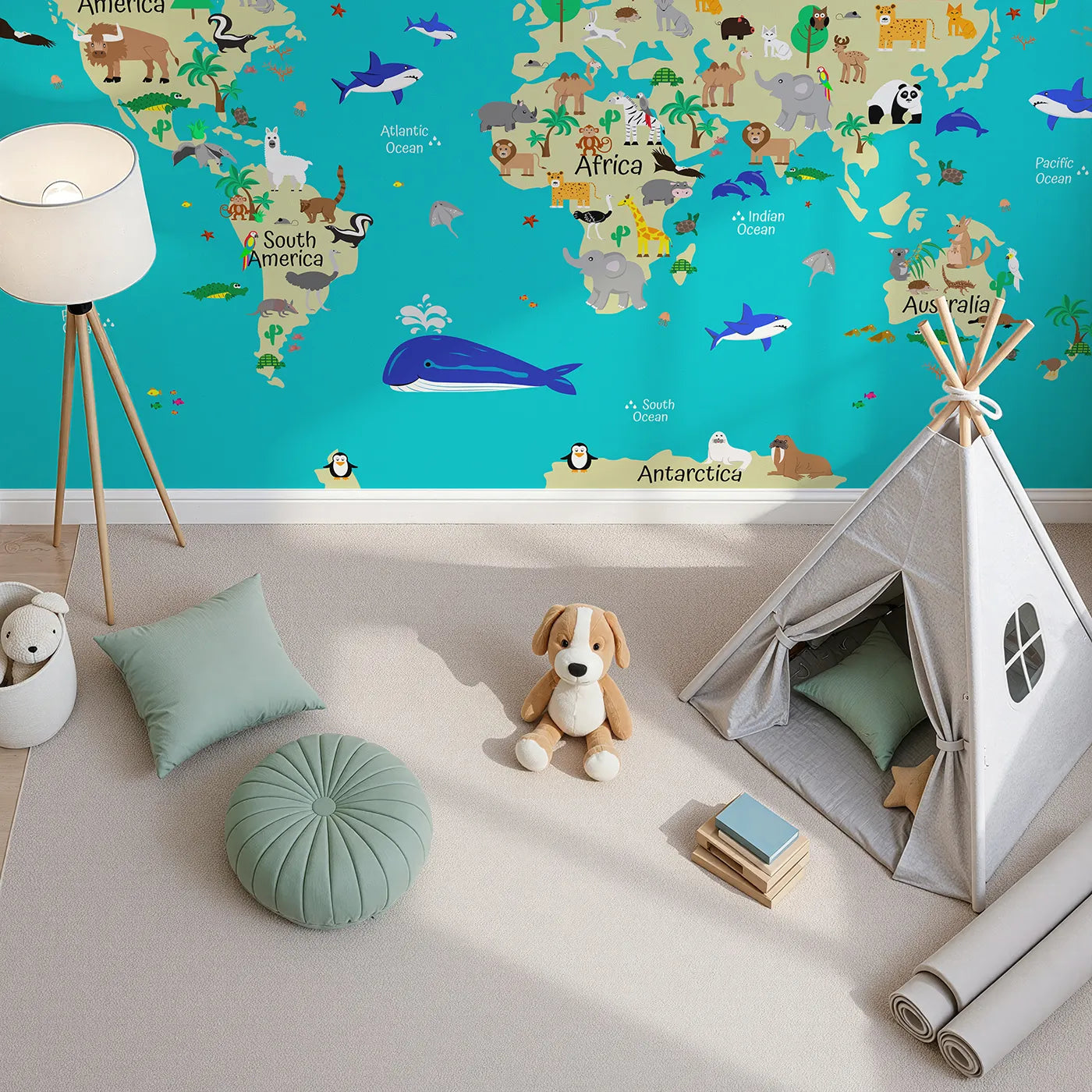 Top-down view of Whimsy Tots' World Wildlife Map Wall Mural in Teal (Turn Their Room into a Global Animal Adventure).Gender-Neutral