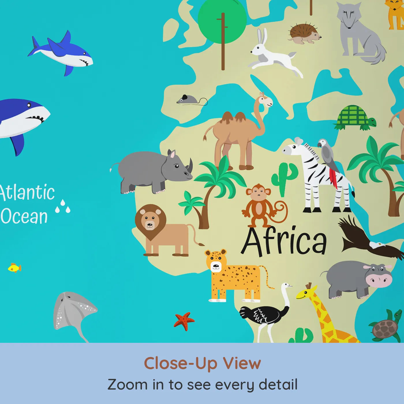 Close-up view of Whimsy Tots' World Wildlife Map Wall Mural in Teal (Turn Their Room into a Global Animal Adventure).Gender-Neutral