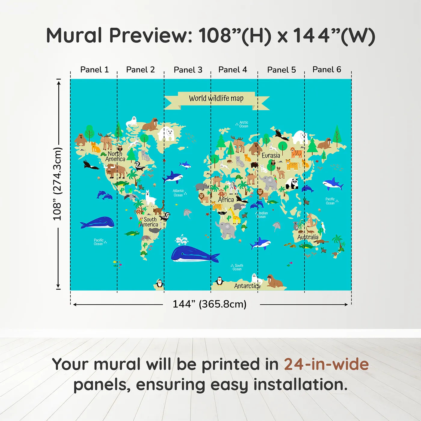 Whimsy Tots World Wildlife Map Wall Mural in Tealdimension view (108" H x 144" W). Printed in six 24-inch-wide panels. Gender-Neutral