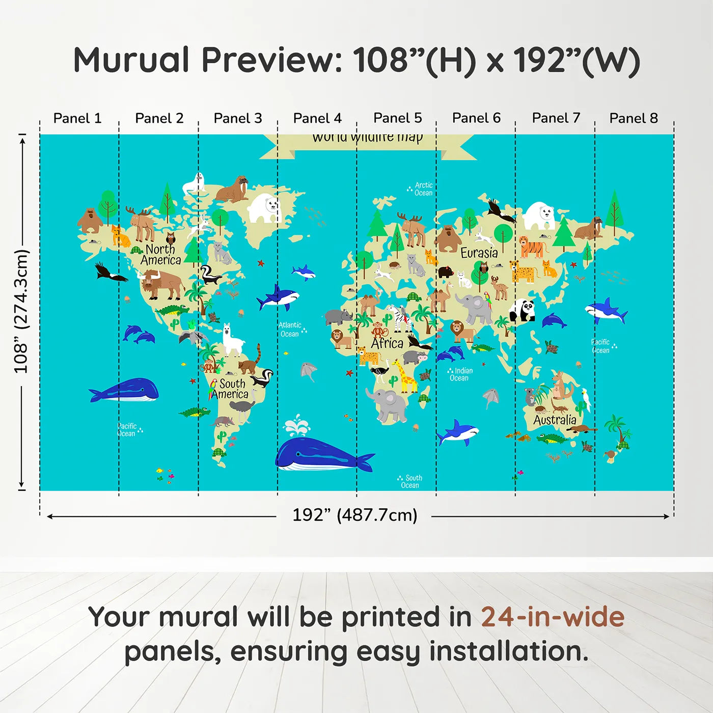 Whimsy Tots World Wildlife Map Wall Mural in Tealdimension view (108" H x 192" W). Printed in eight 24-inch-wide panels. Gender-Neutral