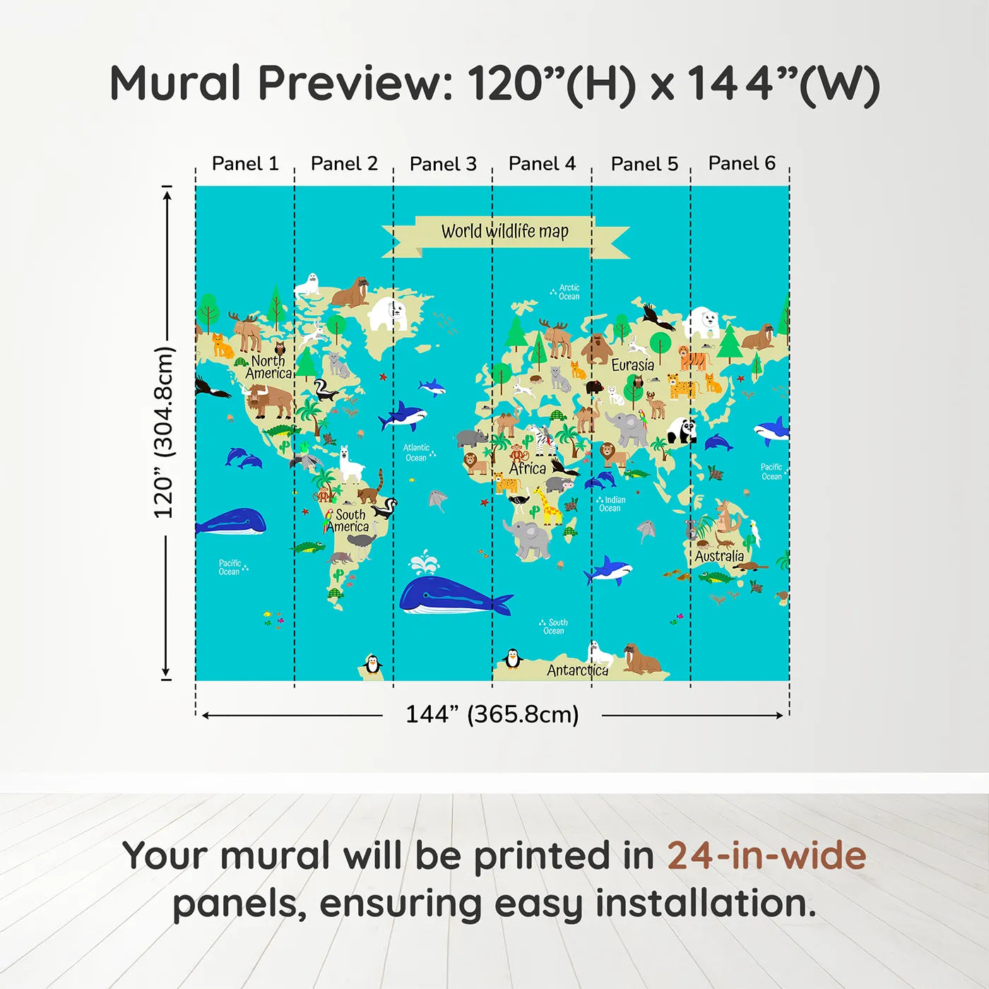 Whimsy Tots World Wildlife Map Wall Mural in Tealdimension view (120" H x 144" W). Printed in six 24-inch-wide panels. Gender-Neutral