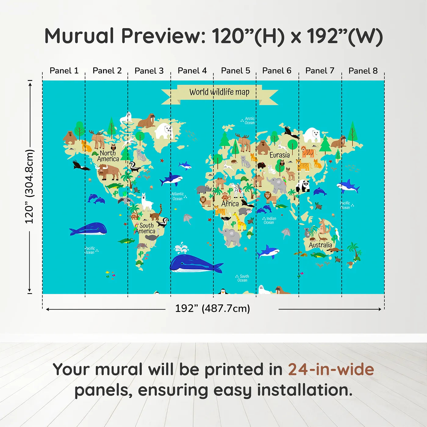 Whimsy Tots World Wildlife Map Wall Mural in Tealdimension view (120" H x 192" W). Printed in eight 24-inch-wide panels. Gender-Neutral