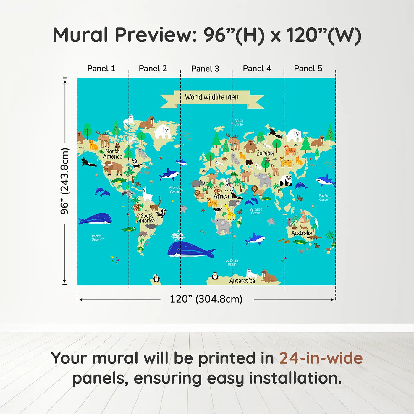 Whimsy Tots World Wildlife Map Wall Mural in Tealdimension view (96" H x 120" W). Printed in five 24-inch-wide panels. Gender-Neutral