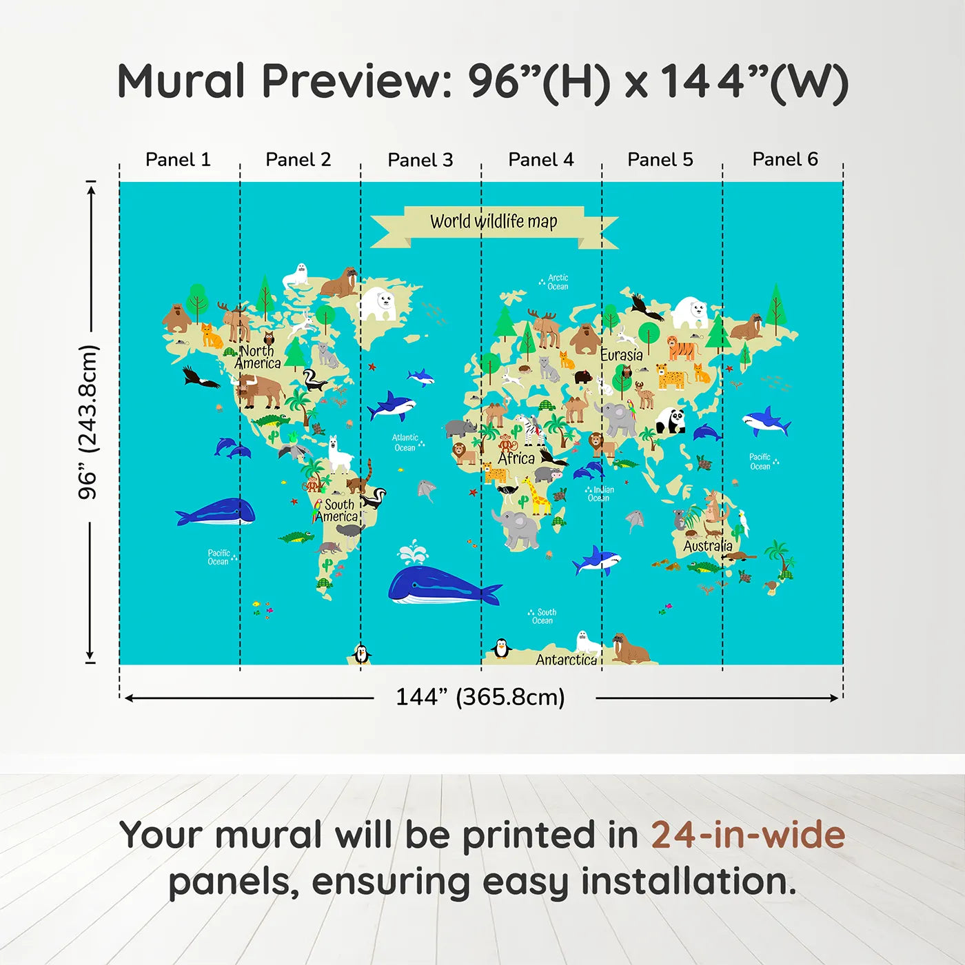 Whimsy Tots World Wildlife Map Wall Mural in Tealdimension view (96" H x 144" W). Printed in six 24-inch-wide panels. Gender-Neutral
