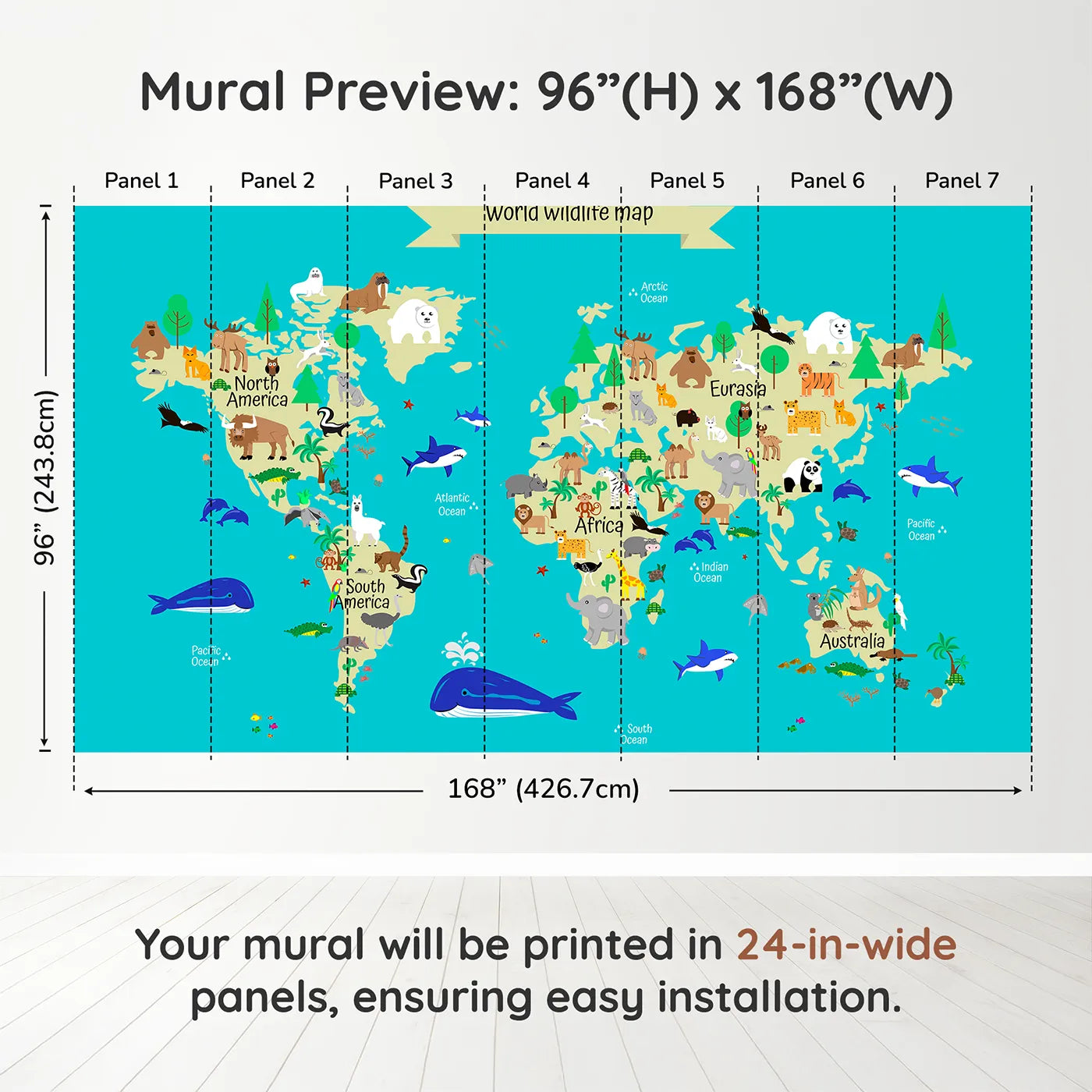 Whimsy Tots World Wildlife Map Wall Mural in Tealdimension view (96" H x 168" W). Printed in seven 24-inch-wide panels. Gender-Neutral