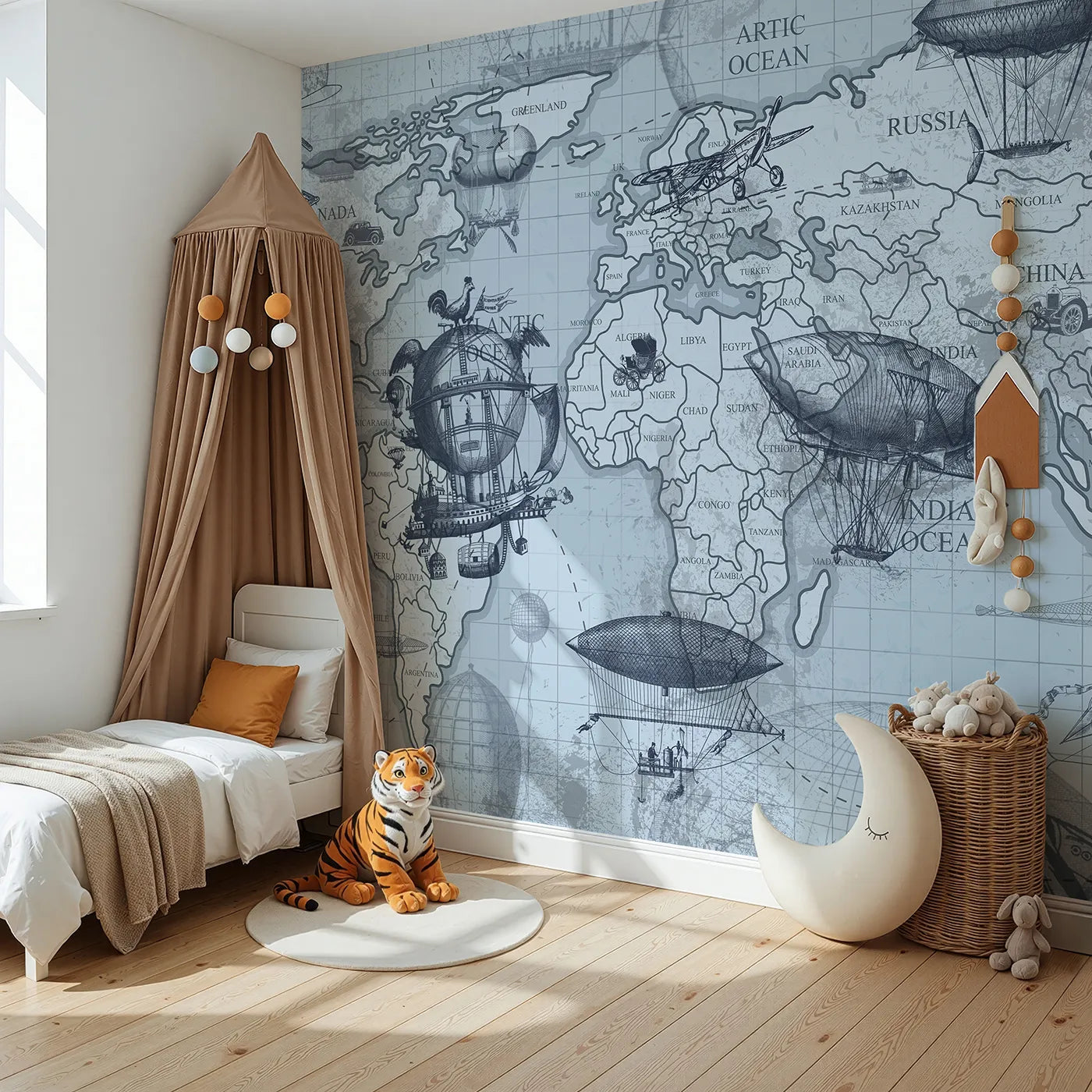 Angled view of Whimsy Tots' Vintage Airship World Map Wall Mural (Turn Their Room into a Steampunk Explorer's Study).Gender-Neutral
