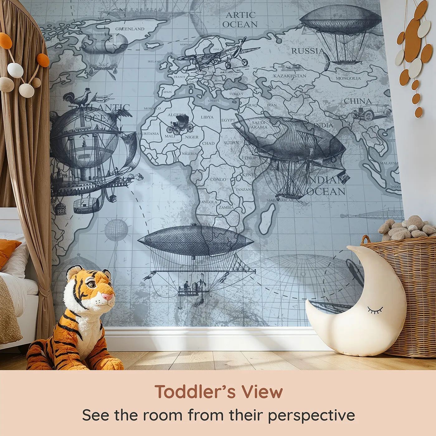 Whimsy Tots Vintage Airship World Map Wall Mural (Turn Their Room into a Steampunk Explorer's Study) from your child's view.Gender-Neutral