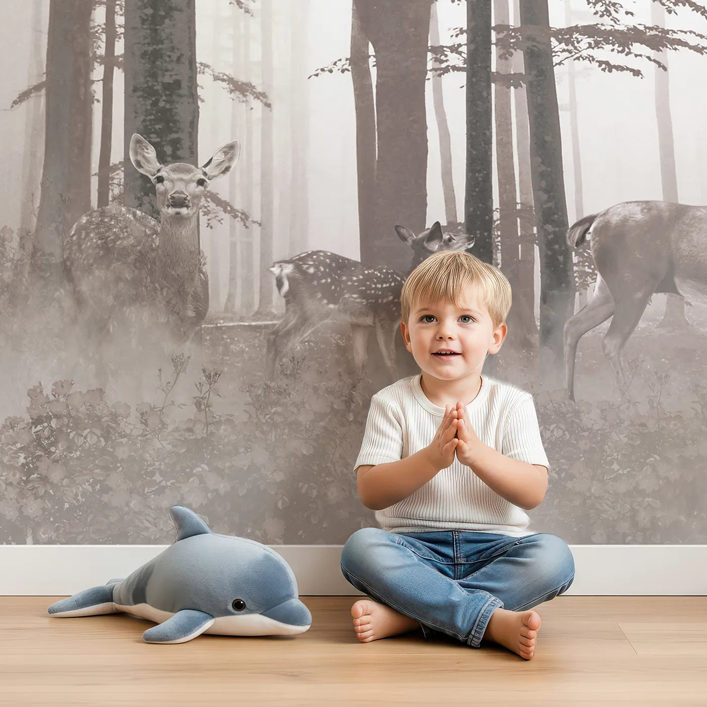 Child in front of Whimsy Tots Misty Sepia Forest with Deer Wall Mural with forest, deer, stag, mist, tree, woods, sepia, fog in design.