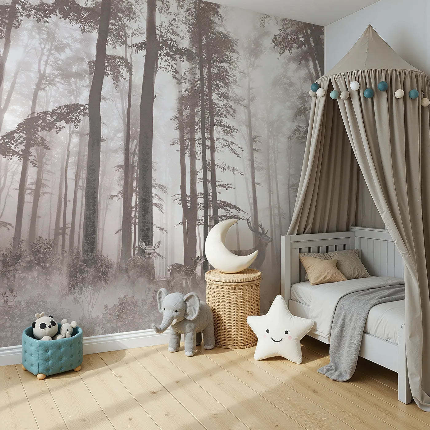 Angled view of Whimsy Tots' Misty Sepia Forest with Deer Wall Mural (Turn Their Room into a Deep and Mysterious Woodland).Gender-Neutral