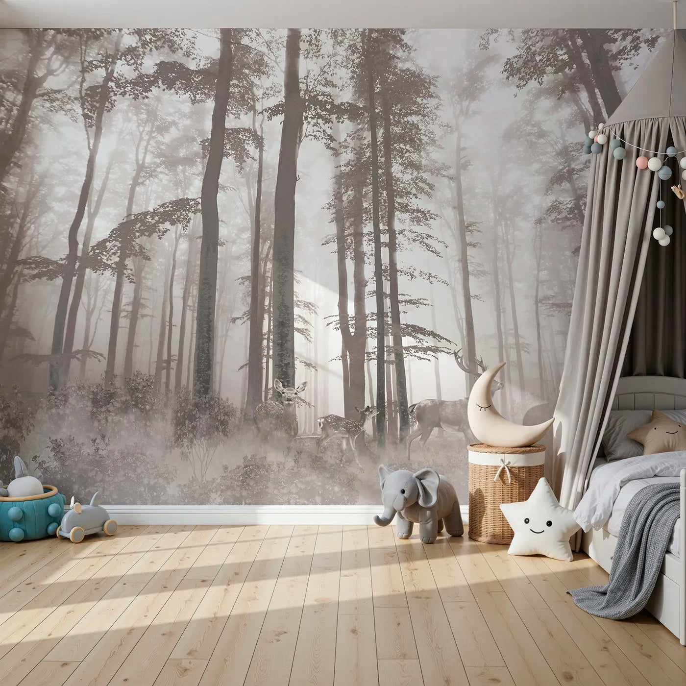 Front view of Whimsy Tots' Misty Sepia Forest with Deer Wall Mural