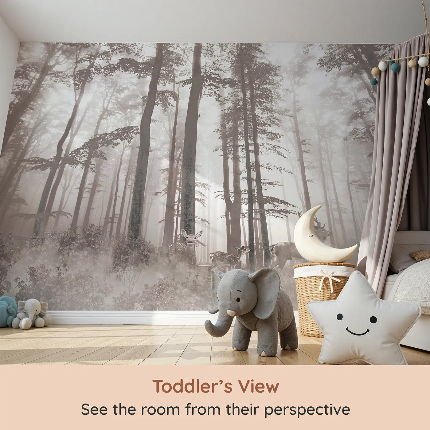 Whimsy Tots Misty Sepia Forest with Deer Wall Mural (Turn Their Room into a Deep and Mysterious Woodland) from your child's view.Gender-Neutral