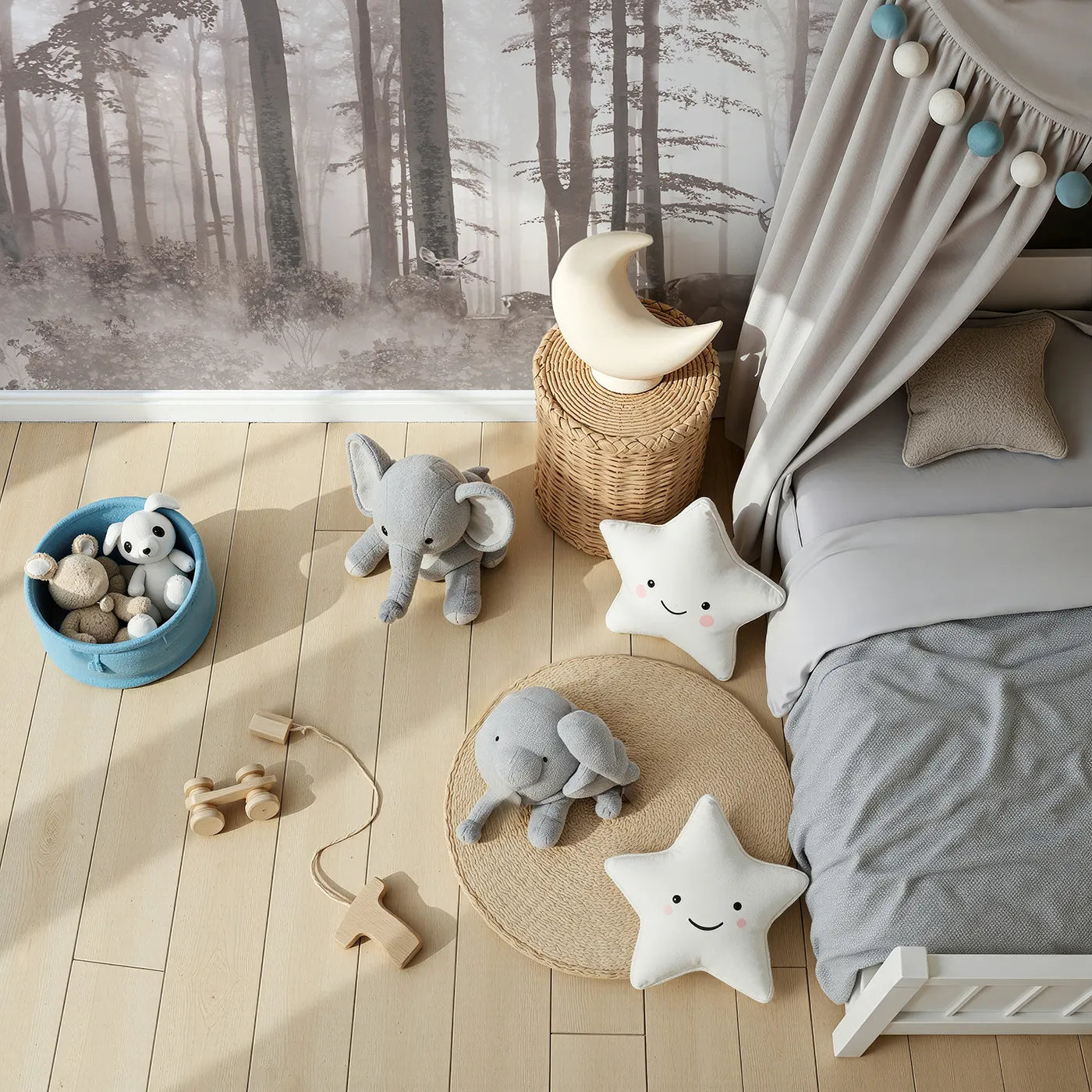 Top-down view of Whimsy Tots' Misty Sepia Forest with Deer Wall Mural (Turn Their Room into a Deep and Mysterious Woodland).Gender-Neutral