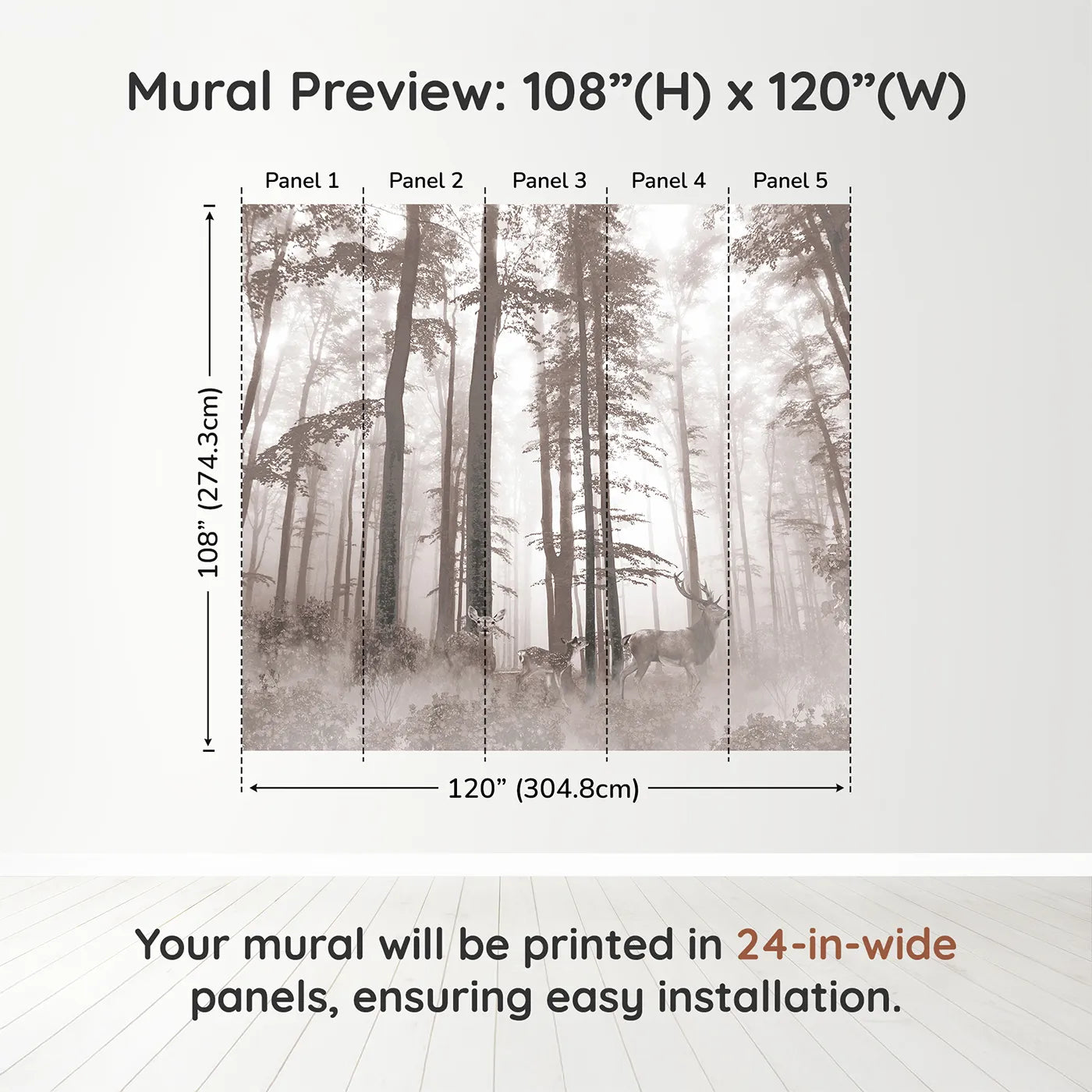 Whimsy Tots Misty Sepia Forest with Deer Wall Muraldimension view (108" H x 120" W). Printed in five 24-inch-wide panels. Gender-Neutral