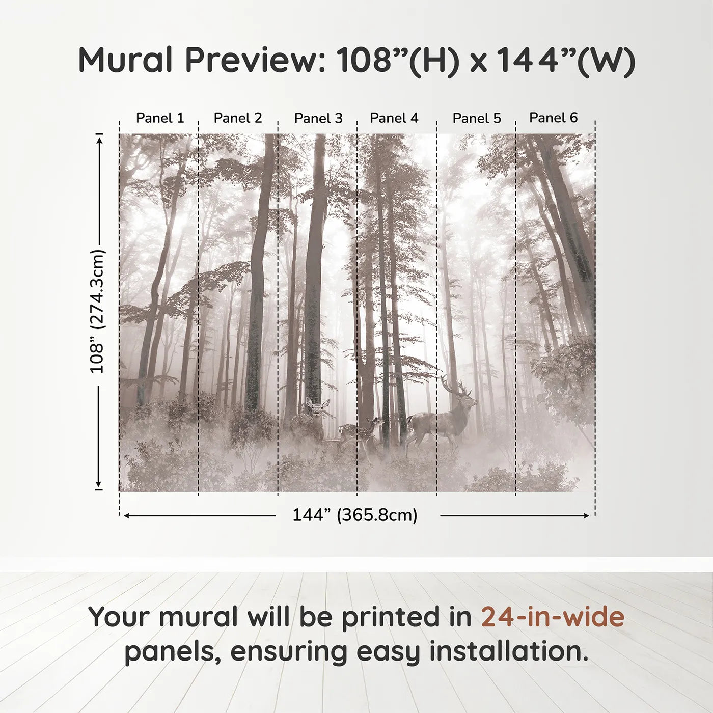 Whimsy Tots Misty Sepia Forest with Deer Wall Muraldimension view (108" H x 144" W). Printed in six 24-inch-wide panels. Gender-Neutral
