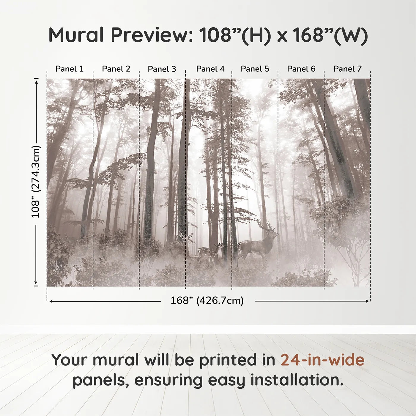 Whimsy Tots Misty Sepia Forest with Deer Wall Muraldimension view (108" H x 168" W). Printed in seven 24-inch-wide panels. Gender-Neutral
