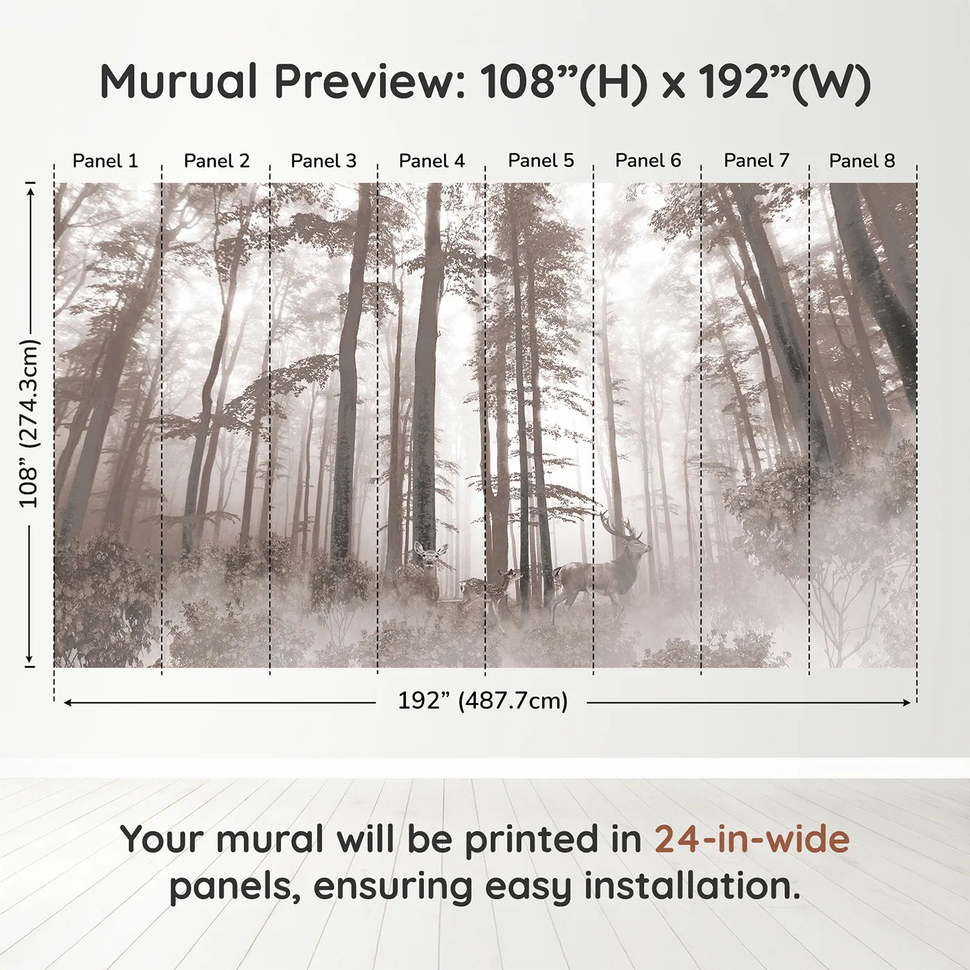 Whimsy Tots Misty Sepia Forest with Deer Wall Muraldimension view (108" H x 192" W). Printed in eight 24-inch-wide panels. Gender-Neutral
