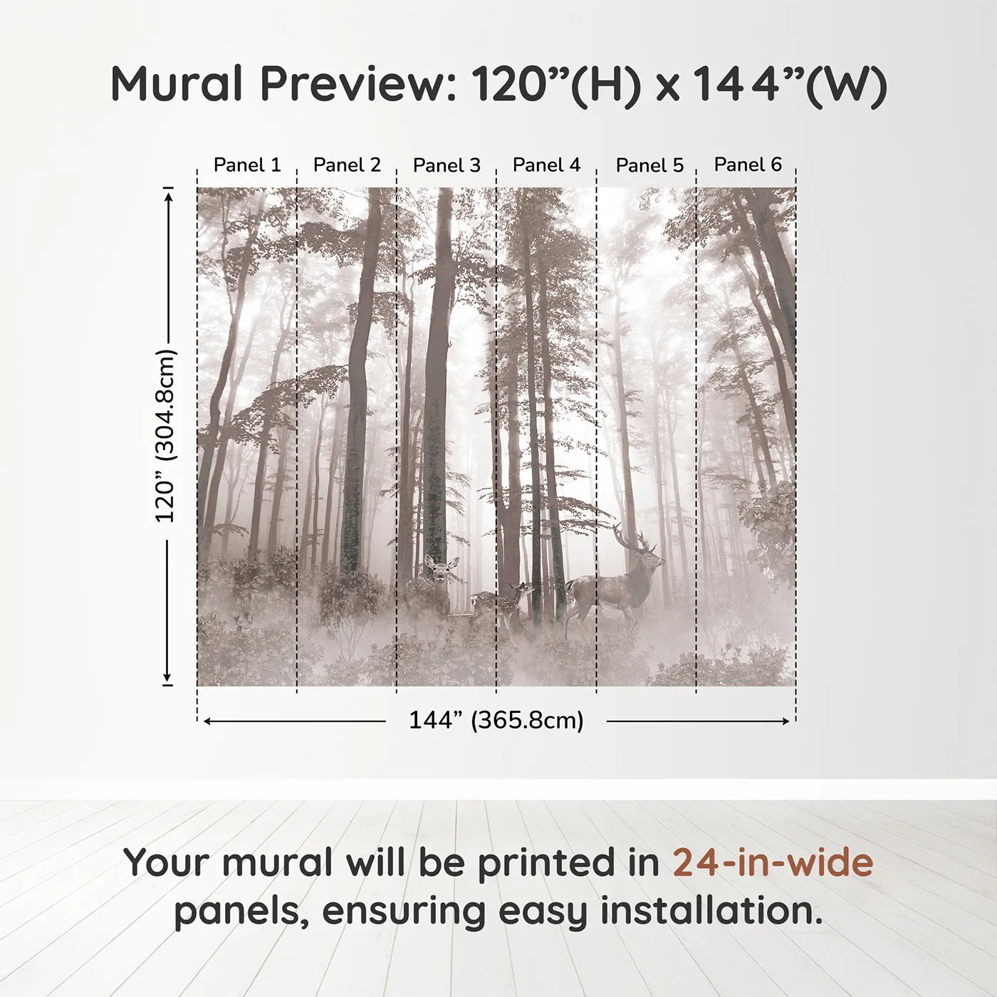 Whimsy Tots Misty Sepia Forest with Deer Wall Muraldimension view (120" H x 144" W). Printed in six 24-inch-wide panels. Gender-Neutral
