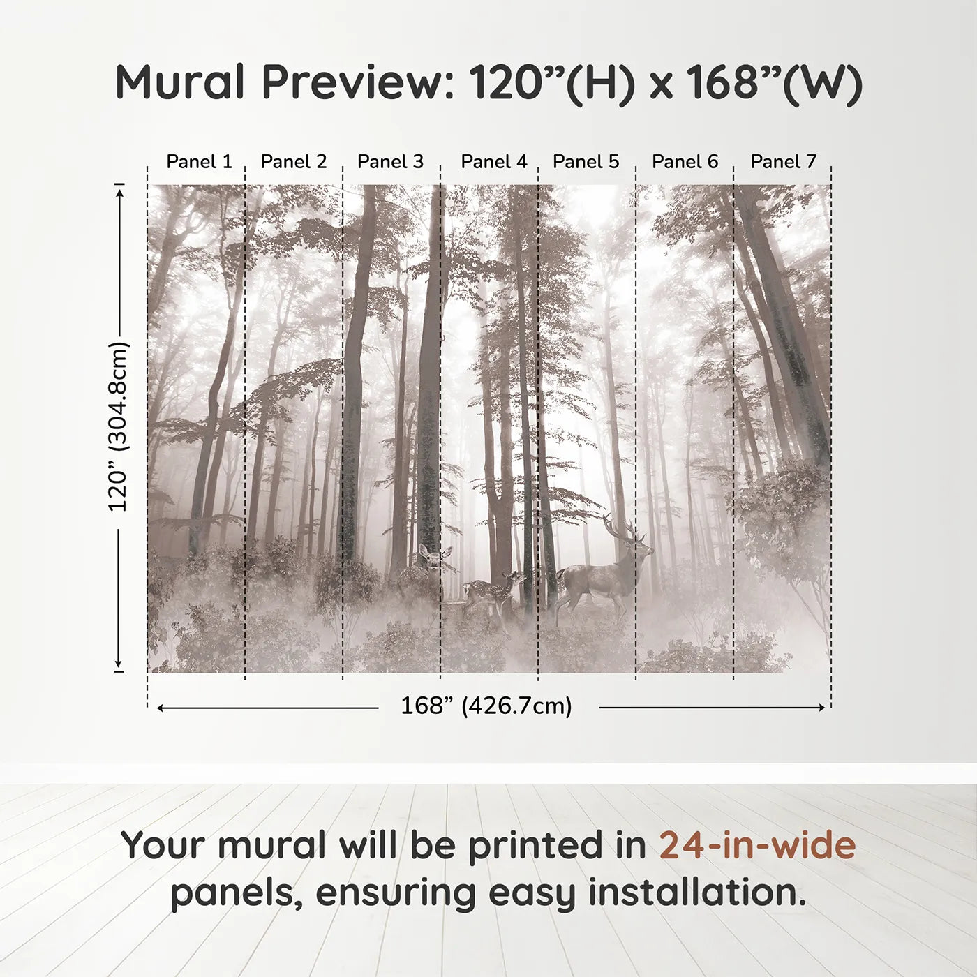 Whimsy Tots Misty Sepia Forest with Deer Wall Muraldimension view (120" H x 168" W). Printed in seven 24-inch-wide panels. Gender-Neutral