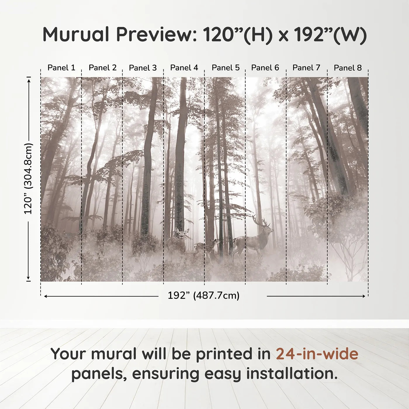 Whimsy Tots Misty Sepia Forest with Deer Wall Muraldimension view (120" H x 192" W). Printed in eight 24-inch-wide panels. Gender-Neutral