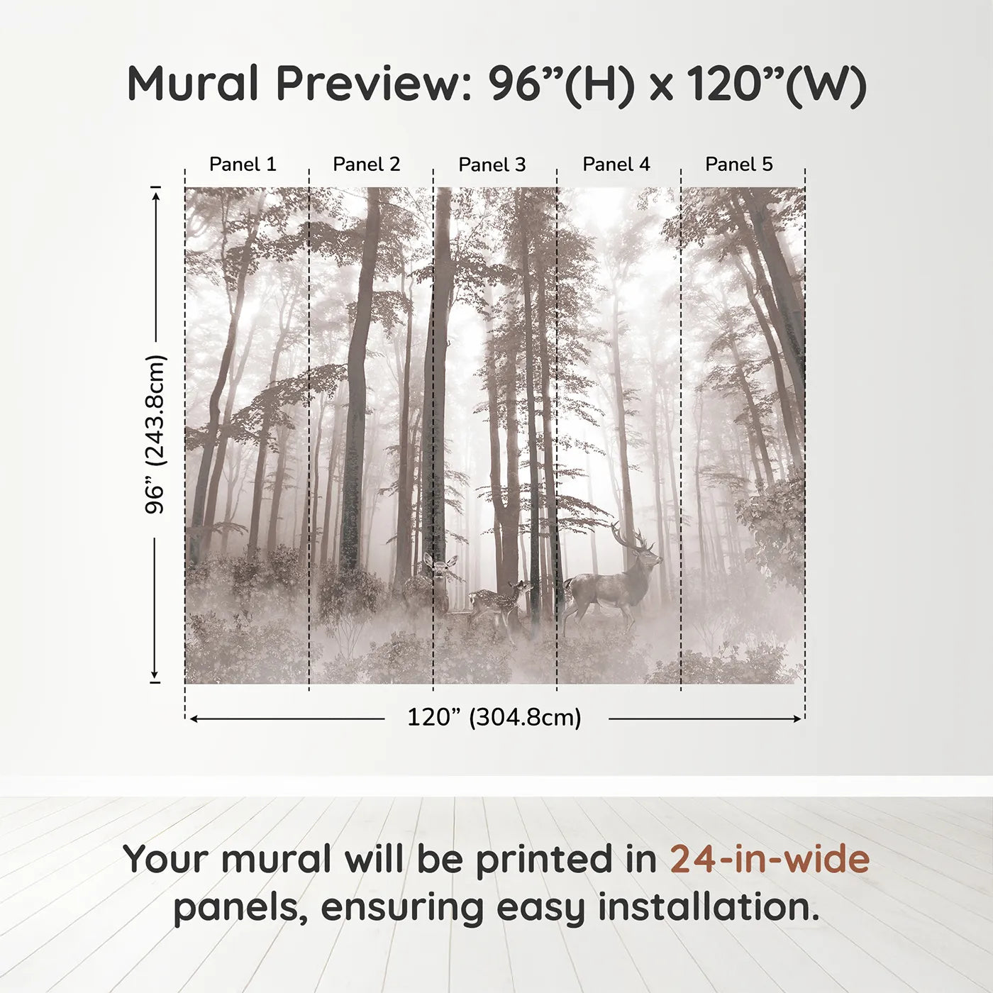 Whimsy Tots Misty Sepia Forest with Deer Wall Muraldimension view (96" H x 120" W). Printed in five 24-inch-wide panels. Gender-Neutral