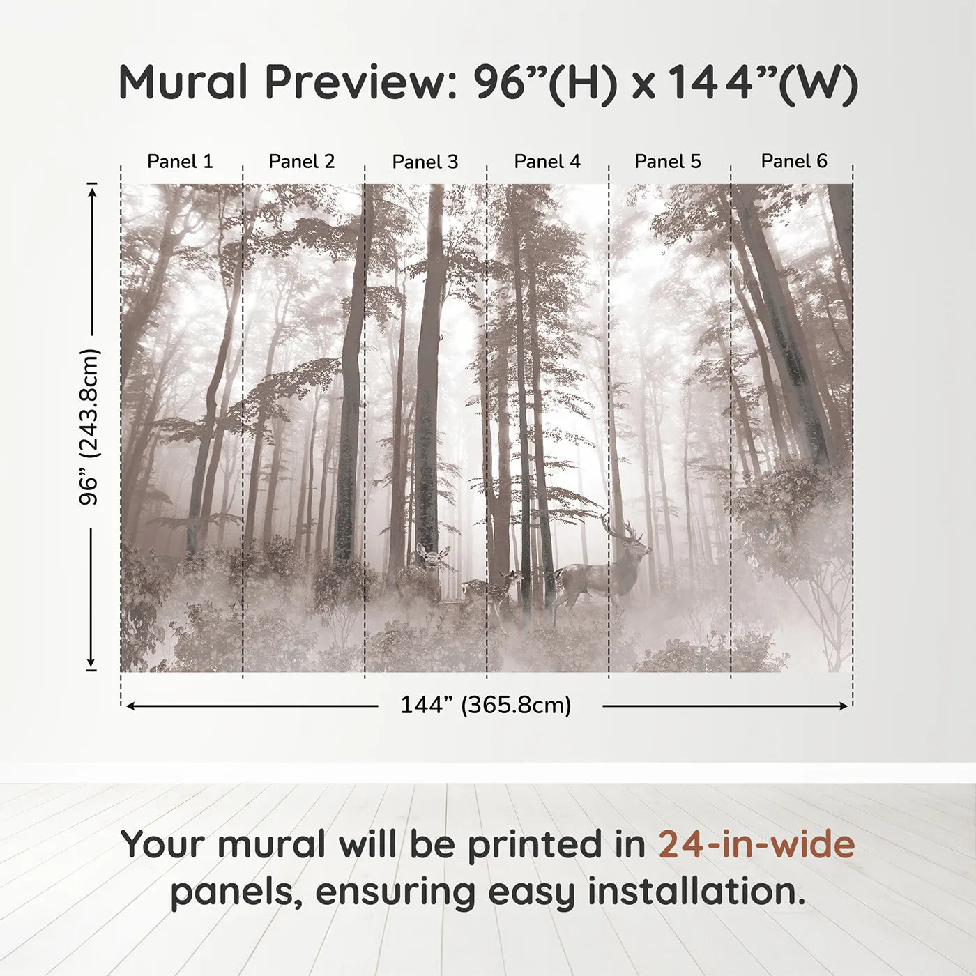 Whimsy Tots Misty Sepia Forest with Deer Wall Muraldimension view (96" H x 144" W). Printed in six 24-inch-wide panels. Gender-Neutral