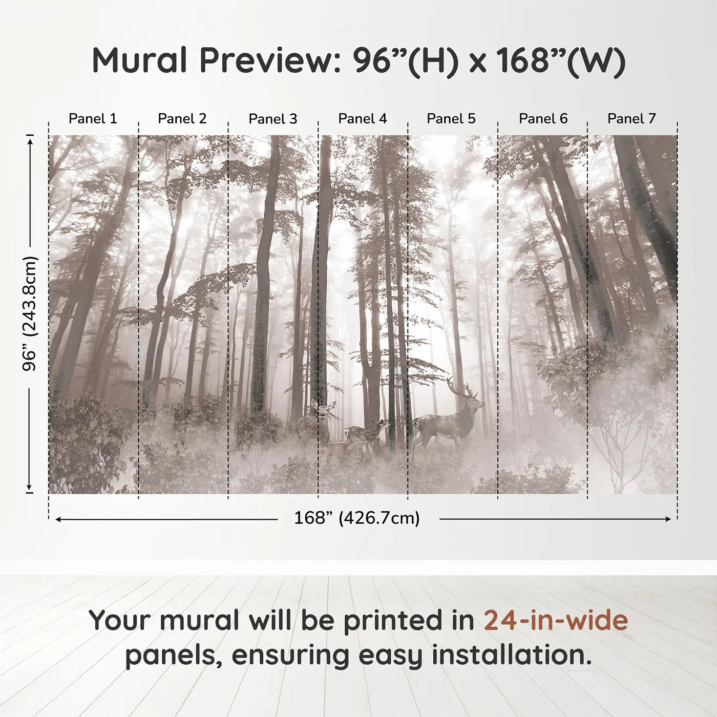Whimsy Tots Misty Sepia Forest with Deer Wall Muraldimension view (96" H x 168" W). Printed in seven 24-inch-wide panels. Gender-Neutral