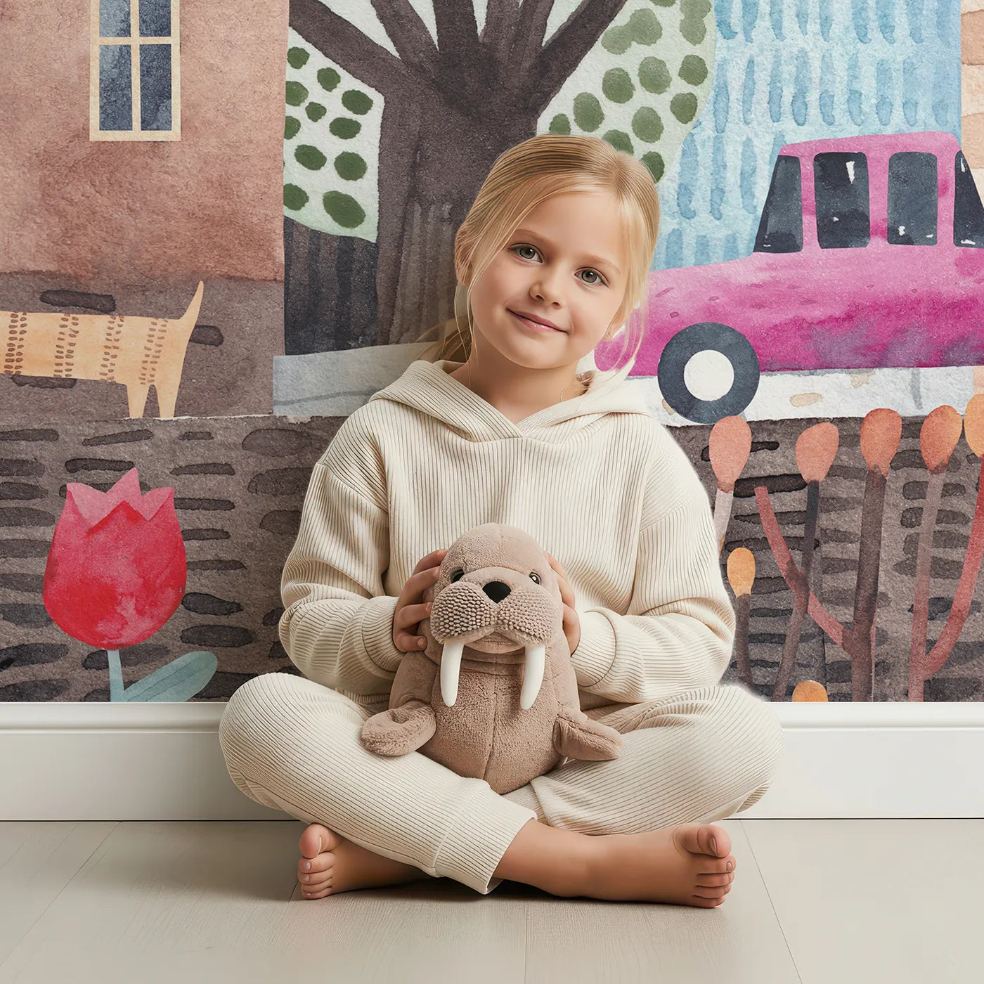 Child in front of Whimsy Tots Quirky Watercolor Town Wall Mural with town, house, car, watercolor, city, street, whimsical, cute in design.