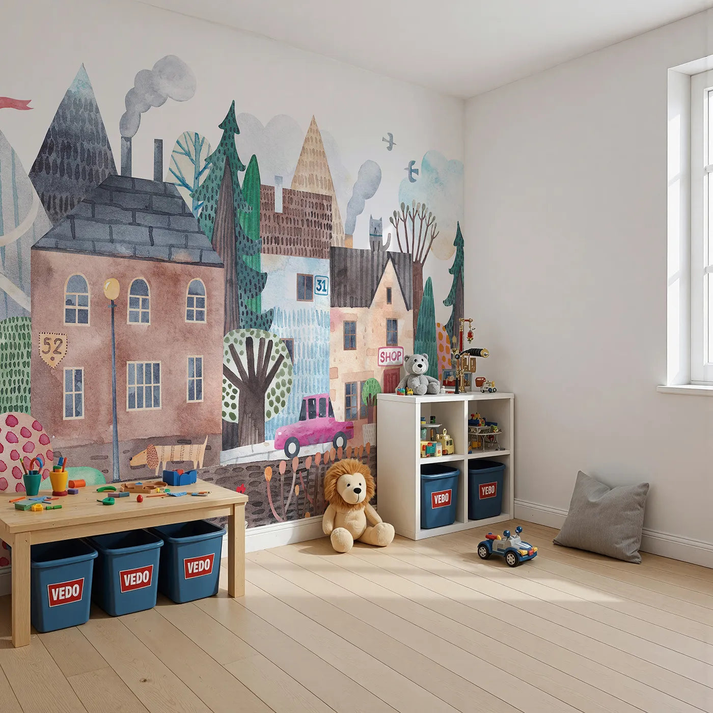 Angled view of Whimsy Tots' Quirky Watercolor Town Wall Mural (Turn Their Room into the Most Charming Street in the World).Gender-Neutral