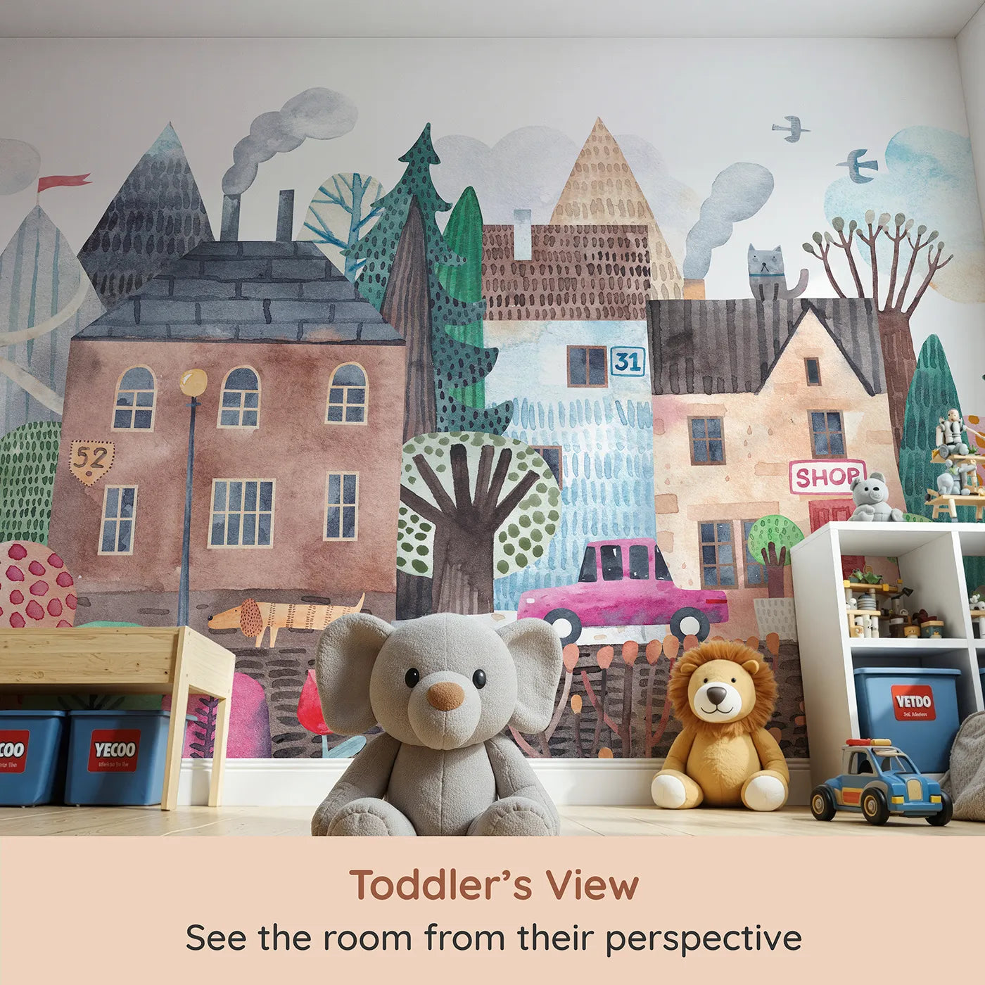 Whimsy Tots Quirky Watercolor Town Wall Mural (Turn Their Room into the Most Charming Street in the World) from your child's view.Gender-Neutral