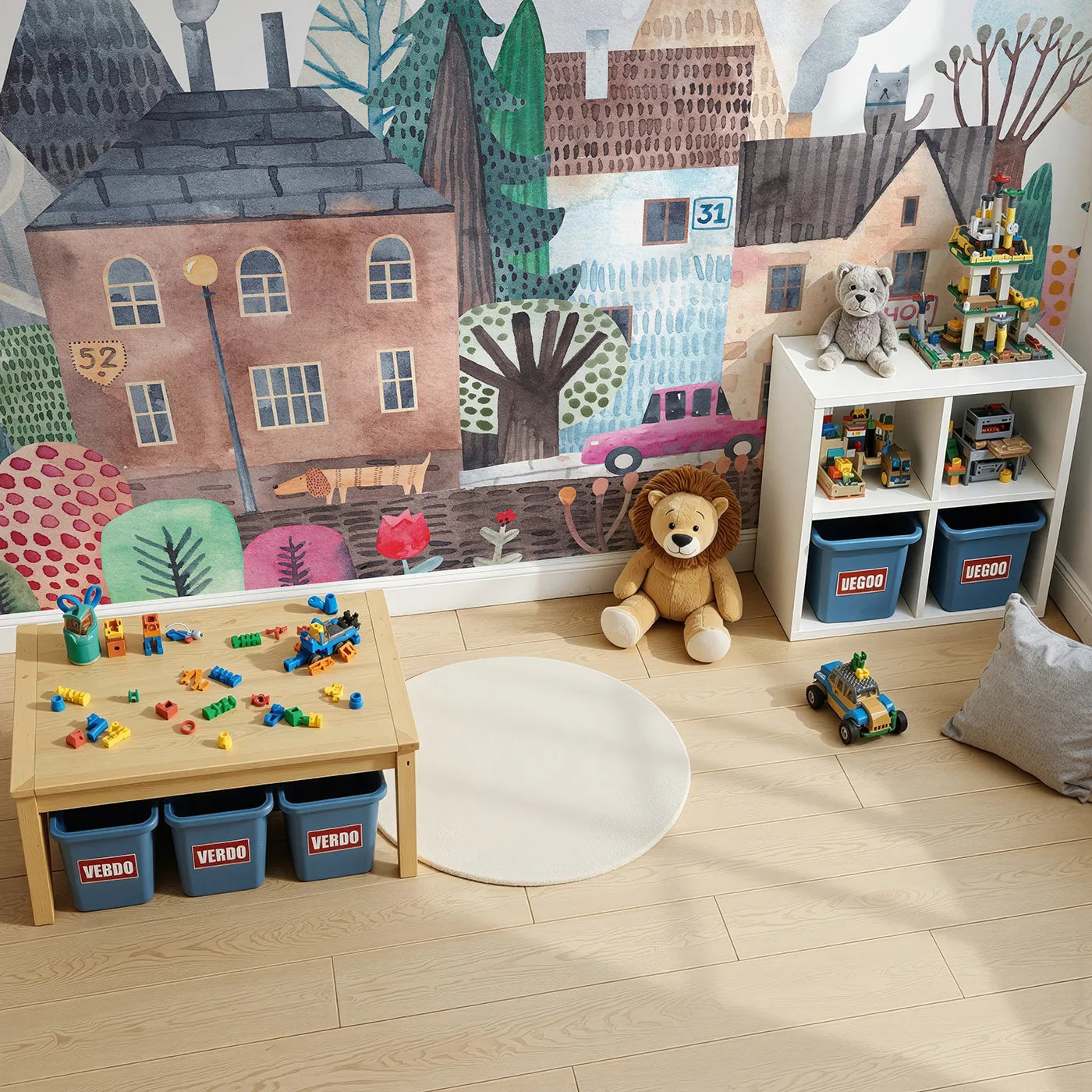 Top-down view of Whimsy Tots' Quirky Watercolor Town Wall Mural (Turn Their Room into the Most Charming Street in the World).Gender-Neutral