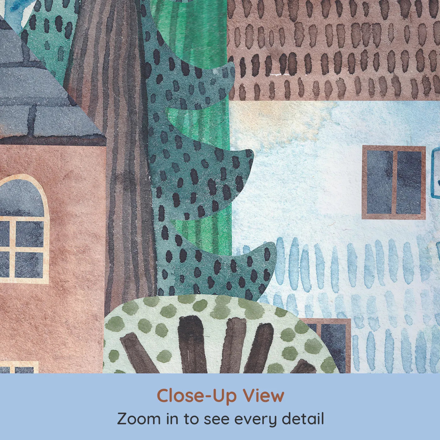 Close-up view of Whimsy Tots' Quirky Watercolor Town Wall Mural (Turn Their Room into the Most Charming Street in the World).Gender-Neutral