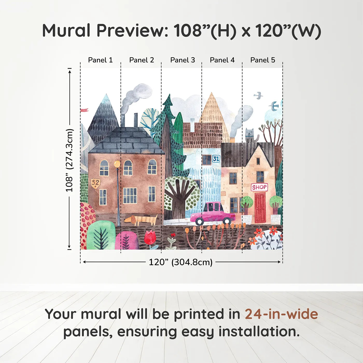 Whimsy Tots Quirky Watercolor Town Wall Muraldimension view (108" H x 120" W). Printed in five 24-inch-wide panels. Gender-Neutral