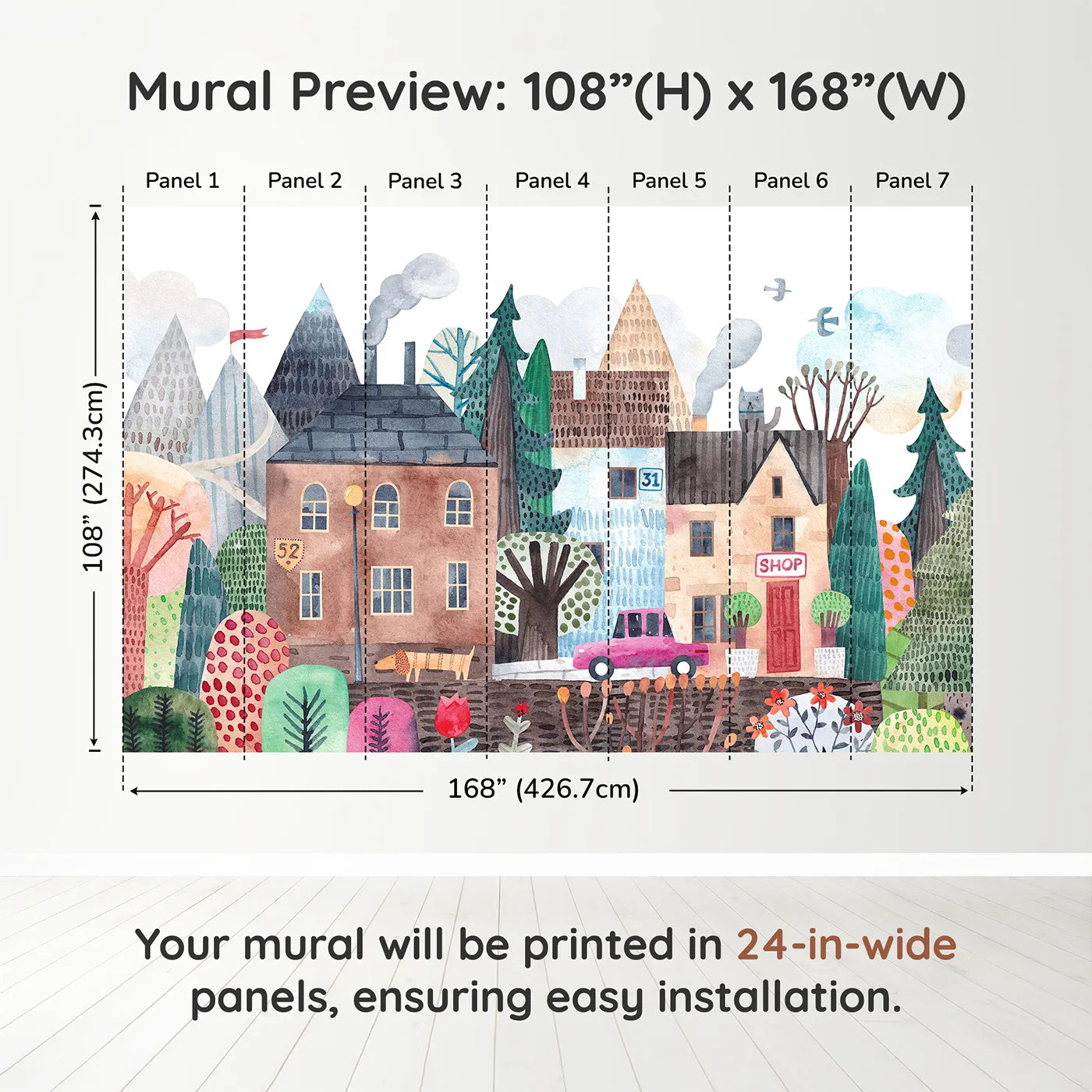 Whimsy Tots Quirky Watercolor Town Wall Muraldimension view (108" H x 168" W). Printed in seven 24-inch-wide panels. Gender-Neutral