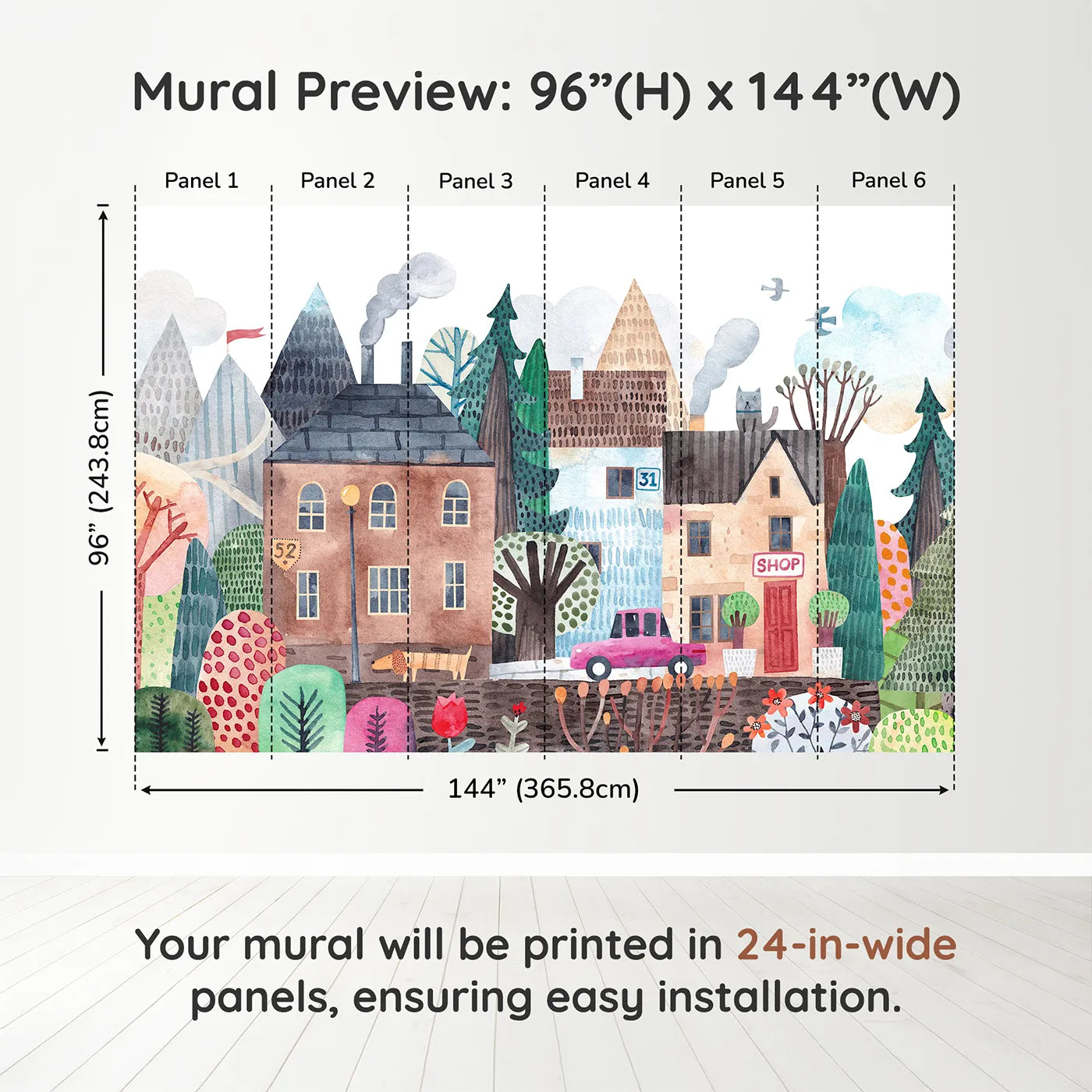 Whimsy Tots Quirky Watercolor Town Wall Muraldimension view (96" H x 144" W). Printed in six 24-inch-wide panels. Gender-Neutral