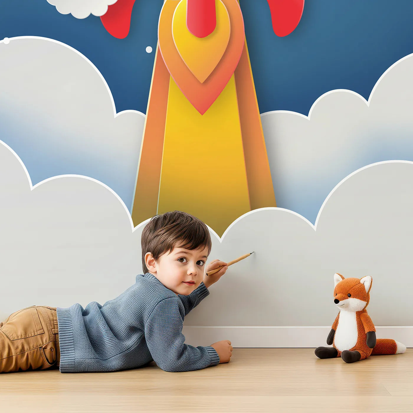 Child in front of Whimsy Tots Papercraft Rocket to the Moon Wall Mural with rocket, moon, space, star, cloud, papercraft, paper, cut in design.