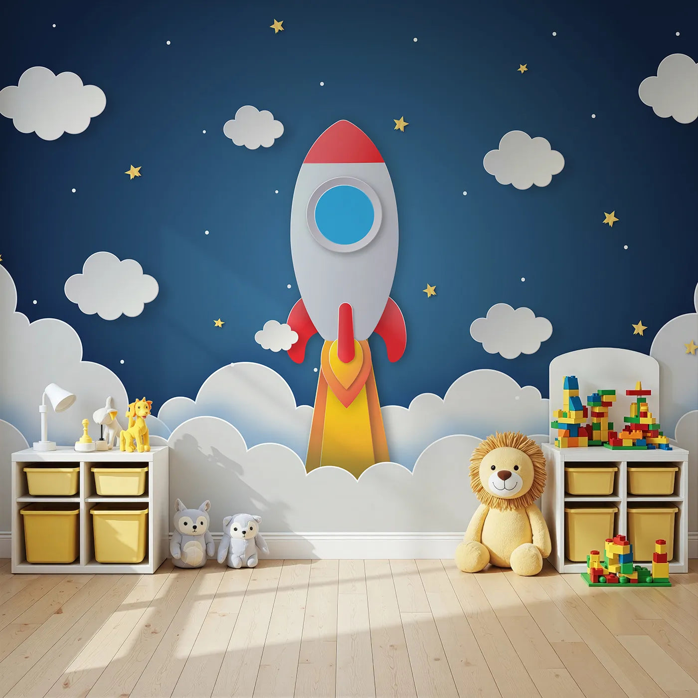Angled view of Whimsy Tots' Papercraft Rocket to the Moon Wall Mural (Turn Their Room into a Mission to the Moon).Gender-Neutral