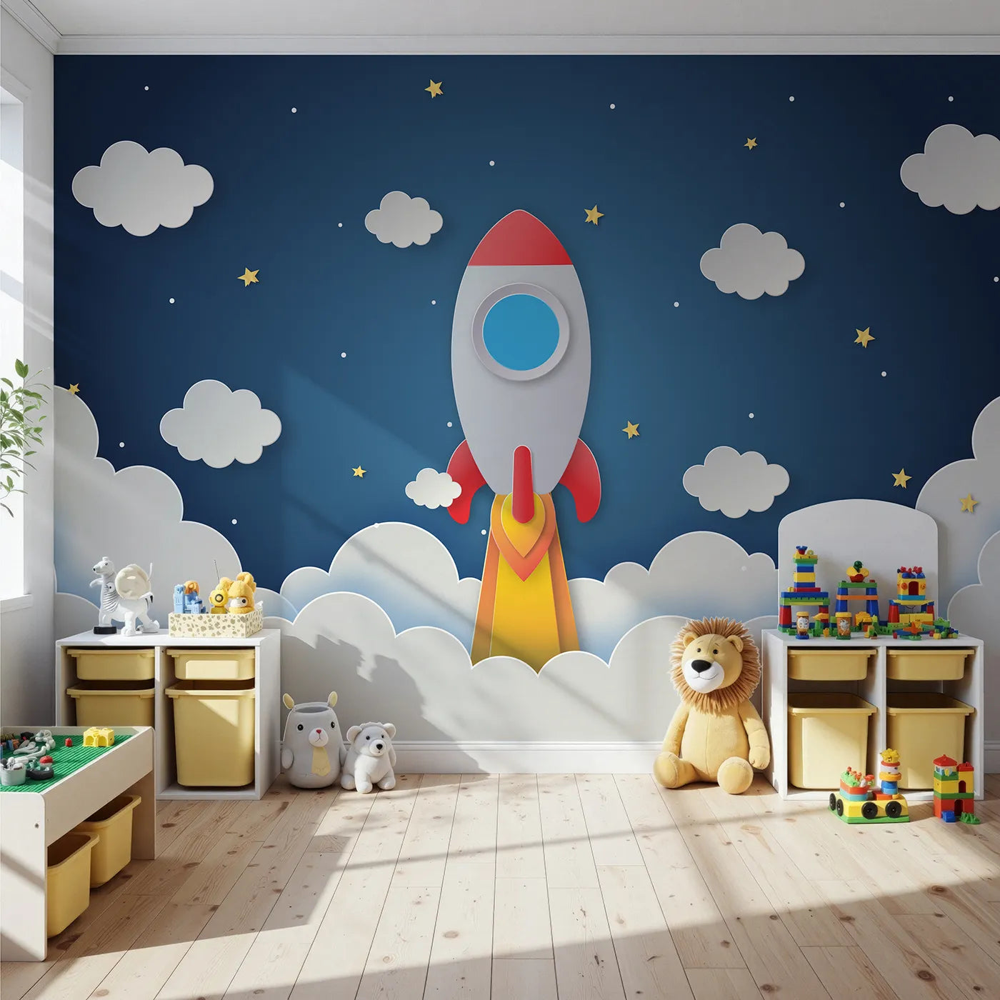 Front view of Whimsy Tots' Papercraft Rocket to the Moon Wall Mural