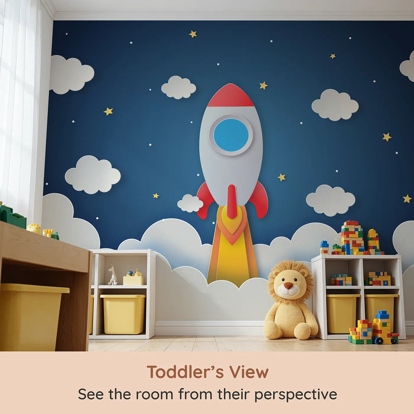Whimsy Tots Papercraft Rocket to the Moon Wall Mural (Turn Their Room into a Mission to the Moon) from your child's view.Gender-Neutral