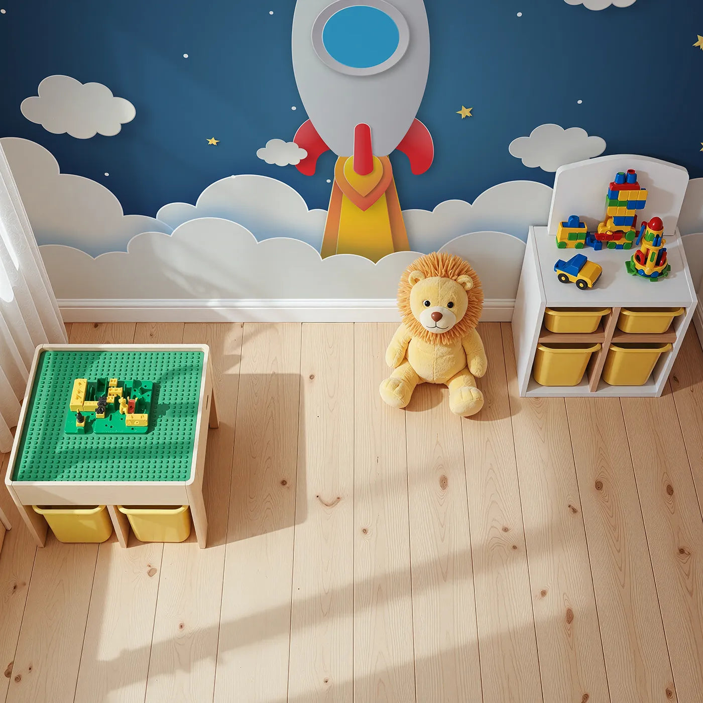 Top-down view of Whimsy Tots' Papercraft Rocket to the Moon Wall Mural (Turn Their Room into a Mission to the Moon).Gender-Neutral