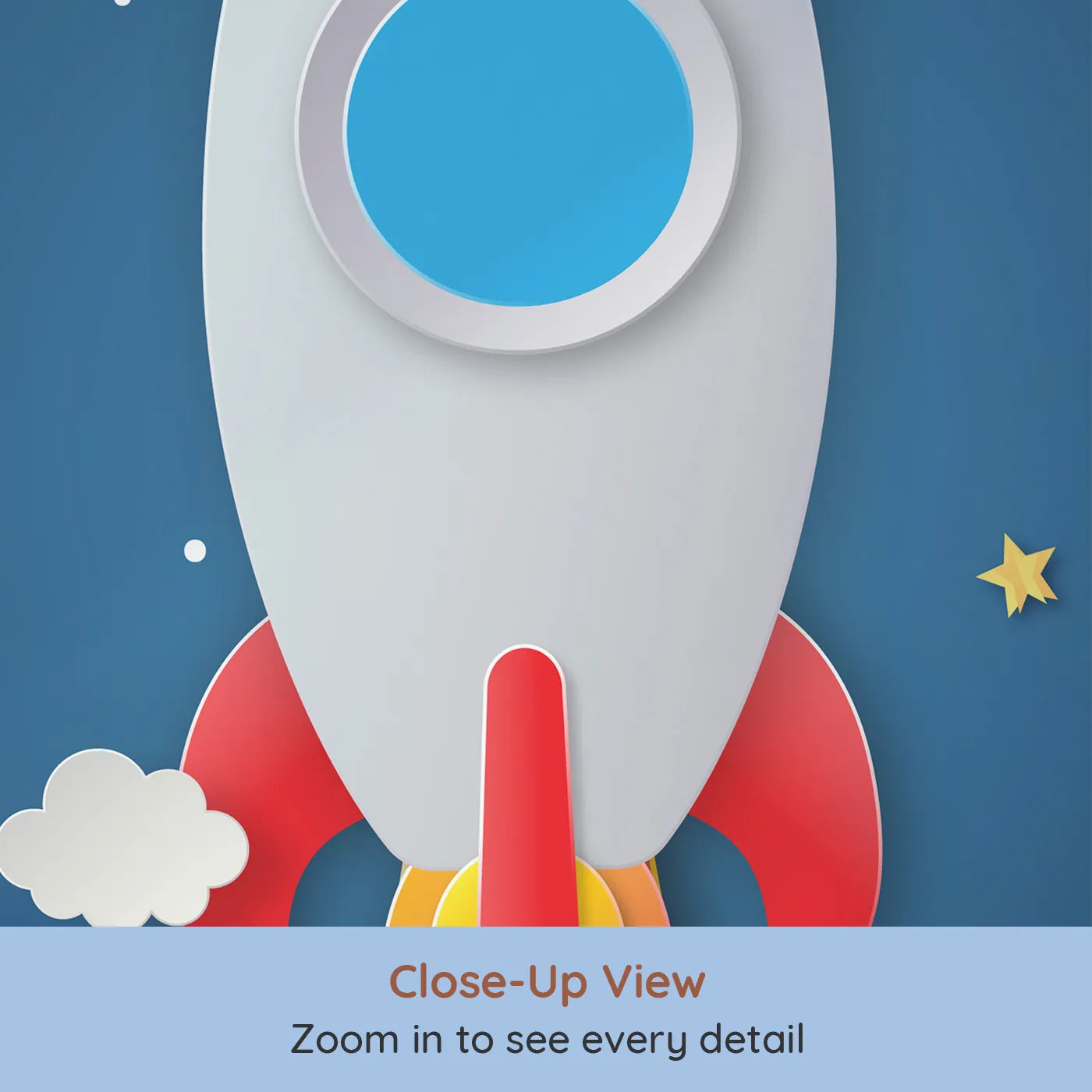 Close-up view of Whimsy Tots' Papercraft Rocket to the Moon Wall Mural (Turn Their Room into a Mission to the Moon).Gender-Neutral