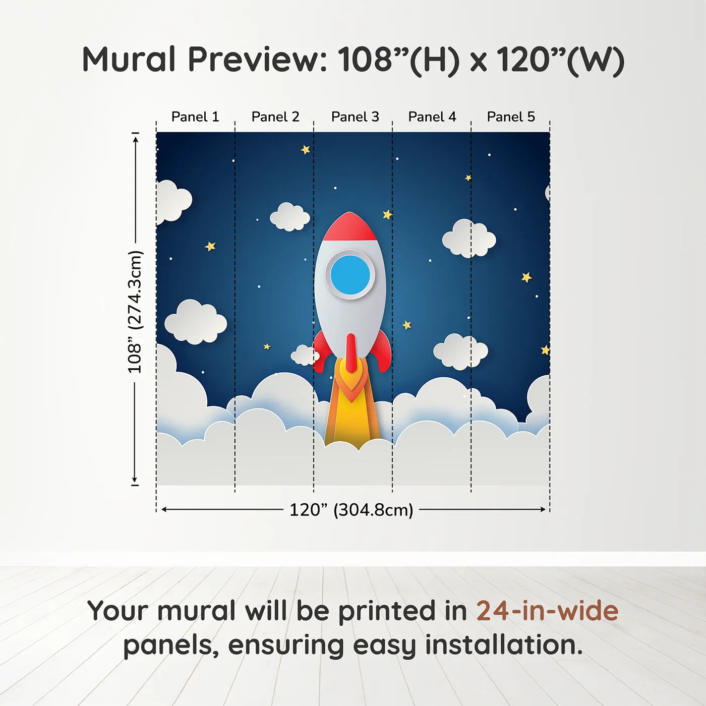 Whimsy Tots Papercraft Rocket to the Moon Wall Muraldimension view (108" H x 120" W). Printed in five 24-inch-wide panels. Gender-Neutral