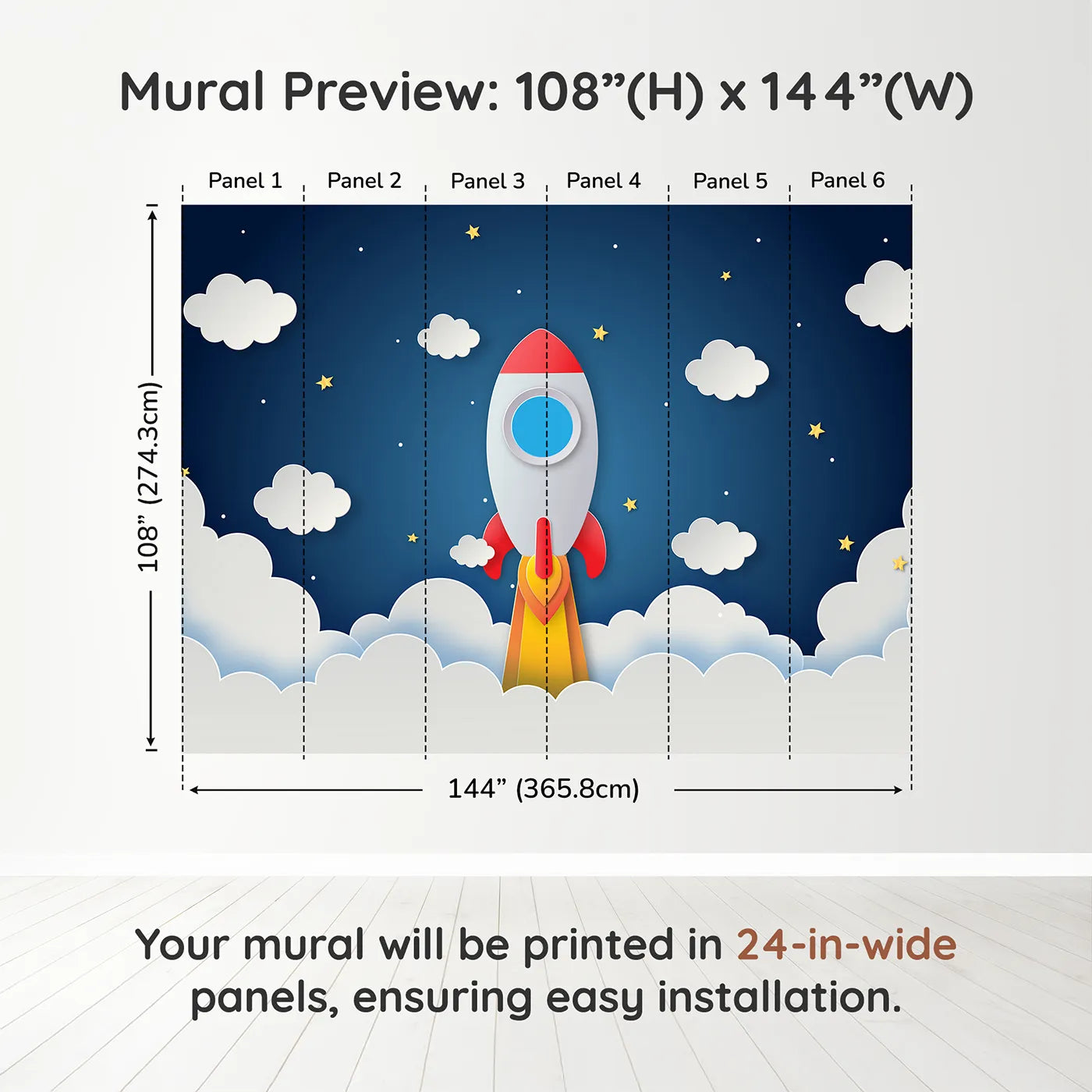 Whimsy Tots Papercraft Rocket to the Moon Wall Muraldimension view (108" H x 144" W). Printed in six 24-inch-wide panels. Gender-Neutral