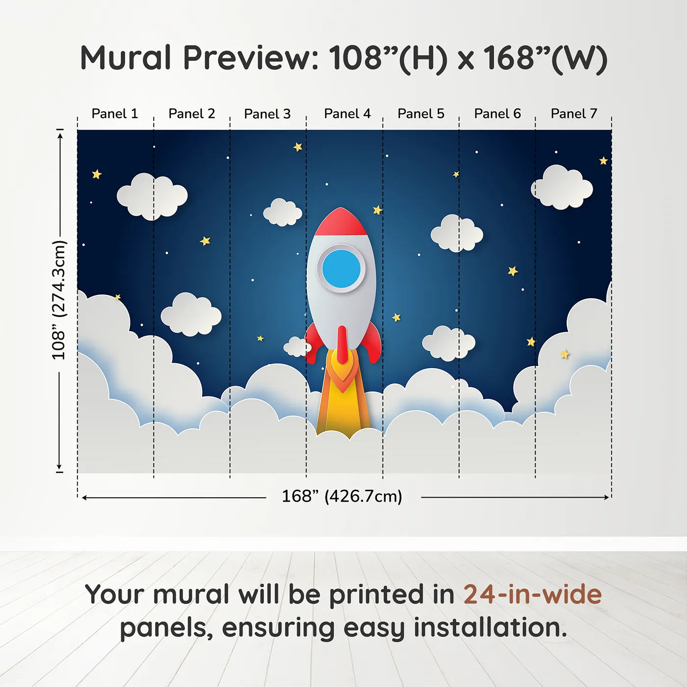 Whimsy Tots Papercraft Rocket to the Moon Wall Muraldimension view (108" H x 168" W). Printed in seven 24-inch-wide panels. Gender-Neutral