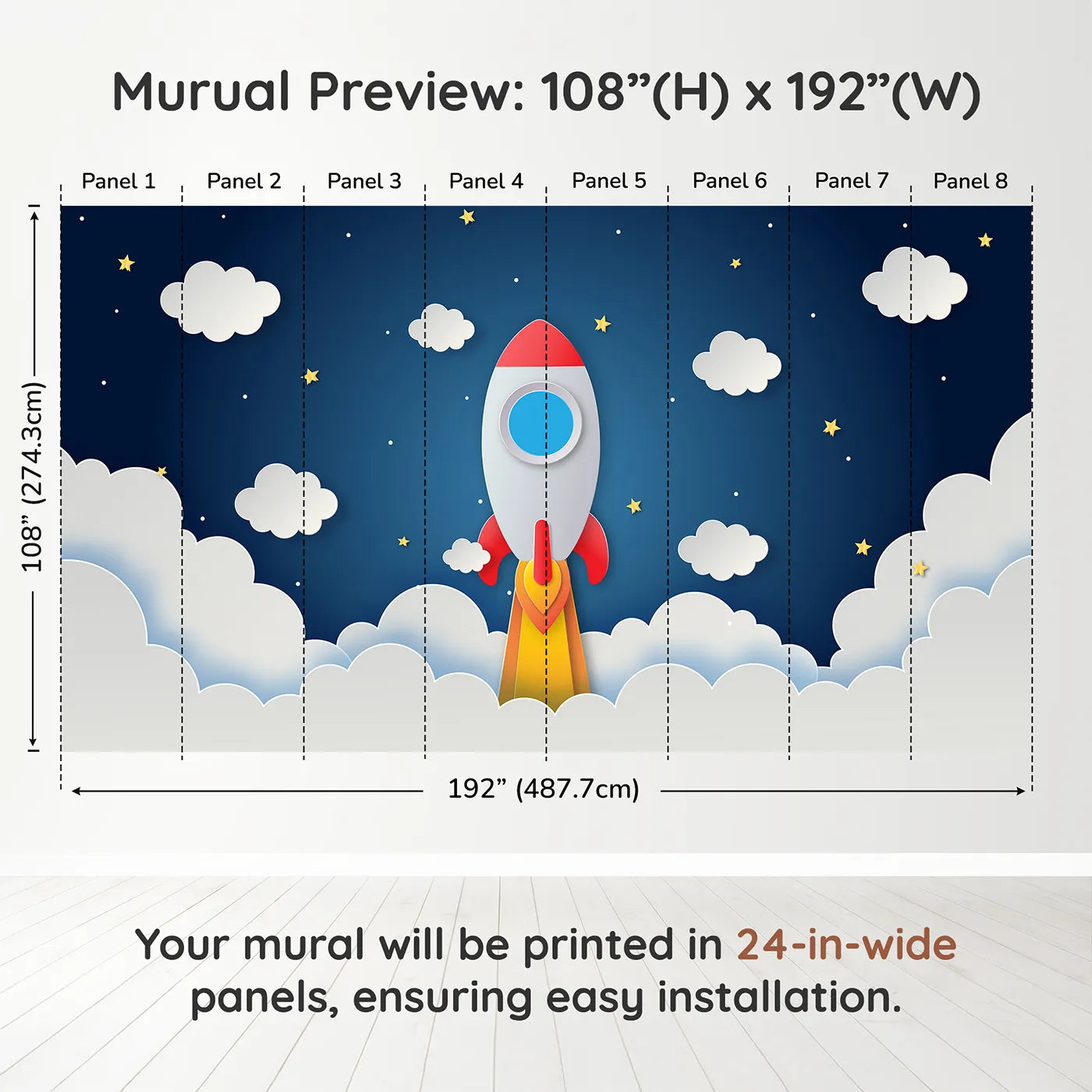 Whimsy Tots Papercraft Rocket to the Moon Wall Muraldimension view (108" H x 192" W). Printed in eight 24-inch-wide panels. Gender-Neutral