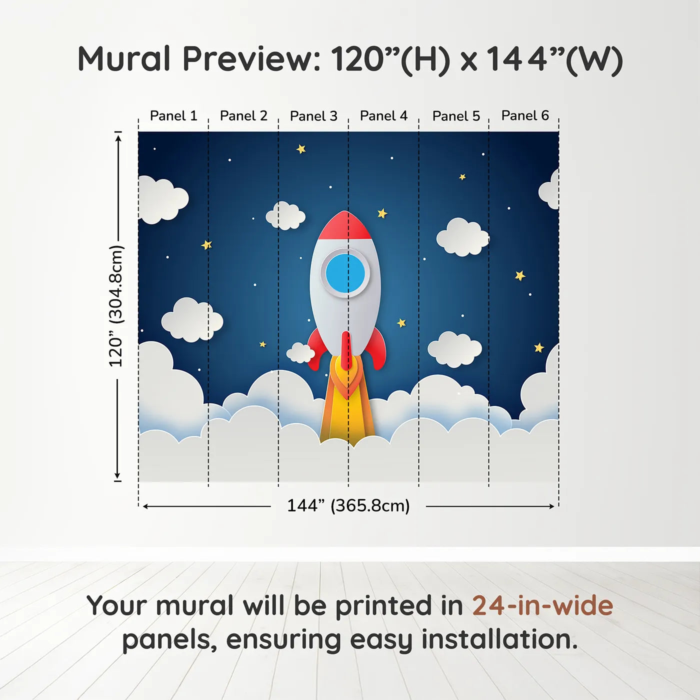 Whimsy Tots Papercraft Rocket to the Moon Wall Muraldimension view (120" H x 144" W). Printed in six 24-inch-wide panels. Gender-Neutral