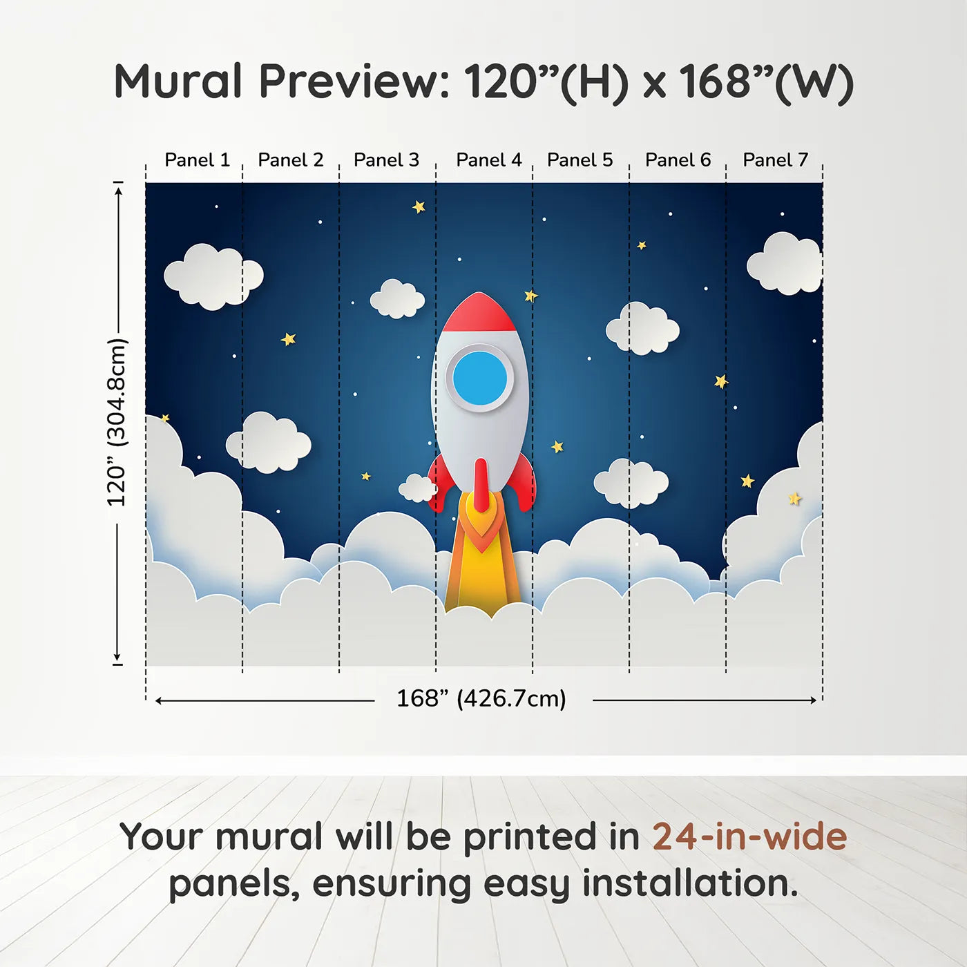 Whimsy Tots Papercraft Rocket to the Moon Wall Muraldimension view (120" H x 168" W). Printed in seven 24-inch-wide panels. Gender-Neutral
