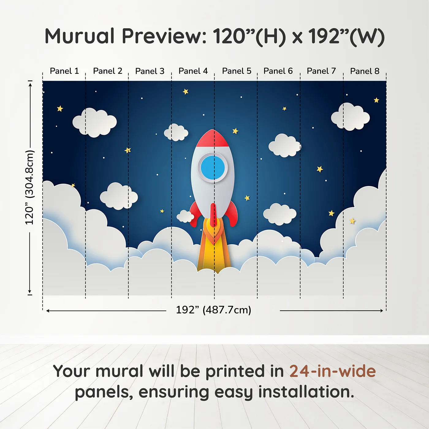 Whimsy Tots Papercraft Rocket to the Moon Wall Muraldimension view (120" H x 192" W). Printed in eight 24-inch-wide panels. Gender-Neutral