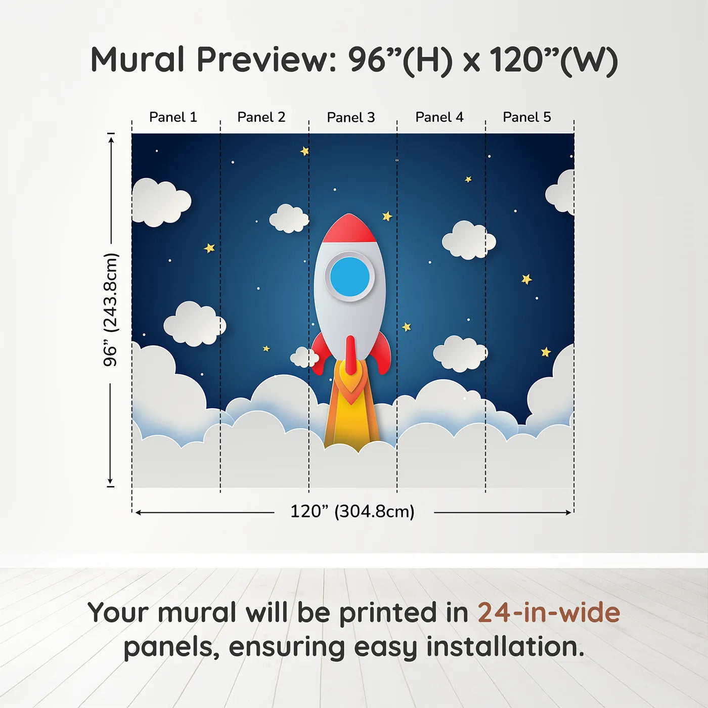 Whimsy Tots Papercraft Rocket to the Moon Wall Muraldimension view (96" H x 120" W). Printed in five 24-inch-wide panels. Gender-Neutral