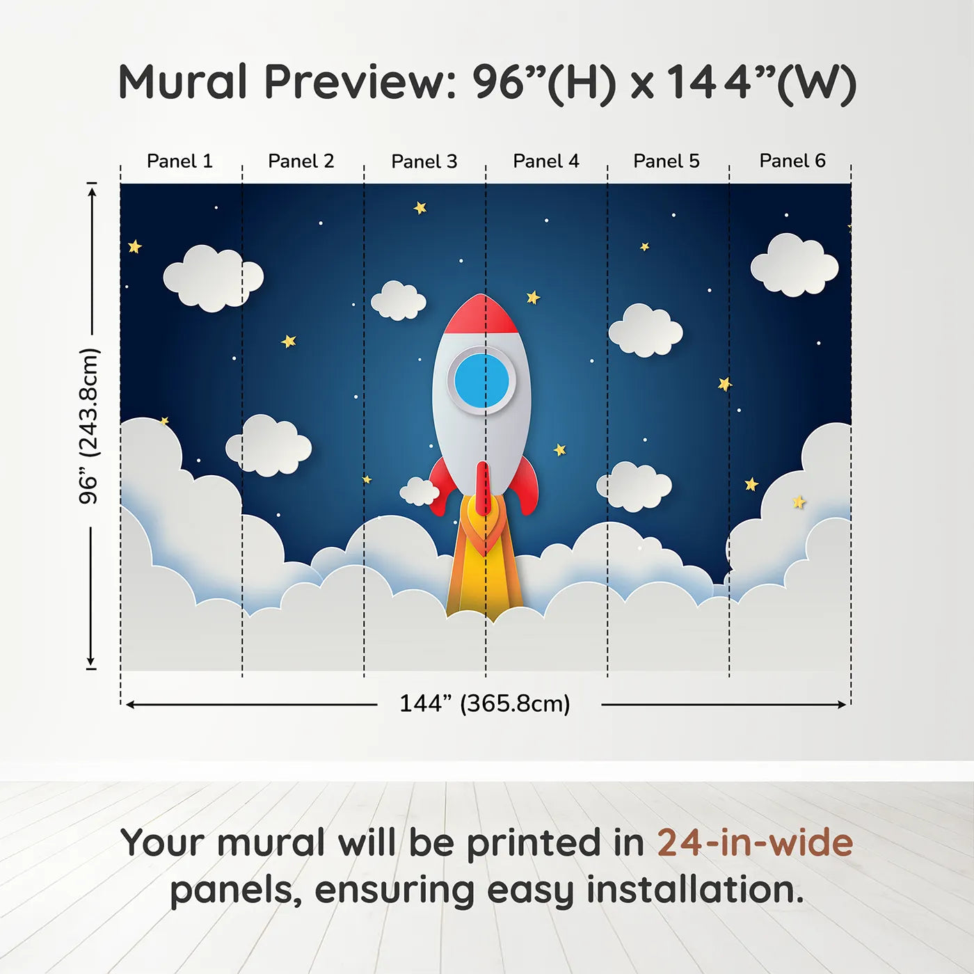 Whimsy Tots Papercraft Rocket to the Moon Wall Muraldimension view (96" H x 144" W). Printed in six 24-inch-wide panels. Gender-Neutral